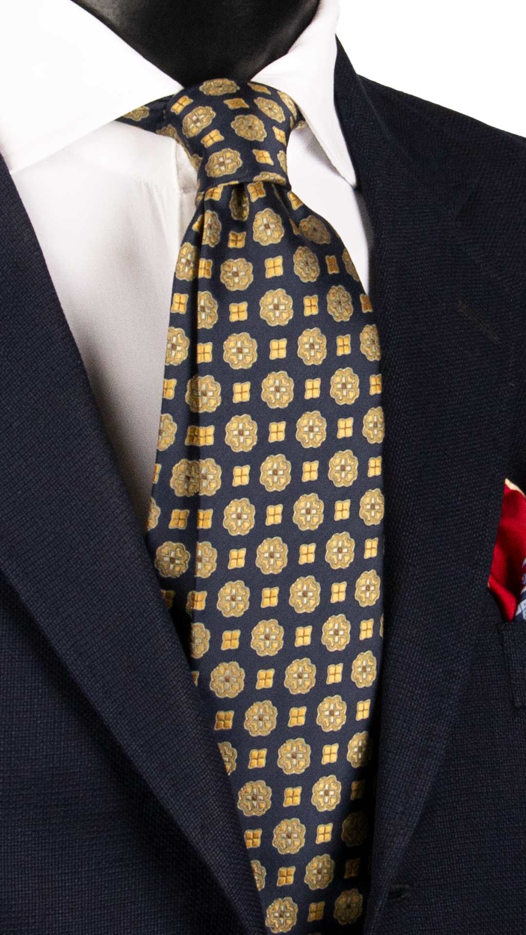 Cravatta di Seta Blu Fantasia Gialla Oro Marrone 1925 Graffeo Cravatte Made in Italy