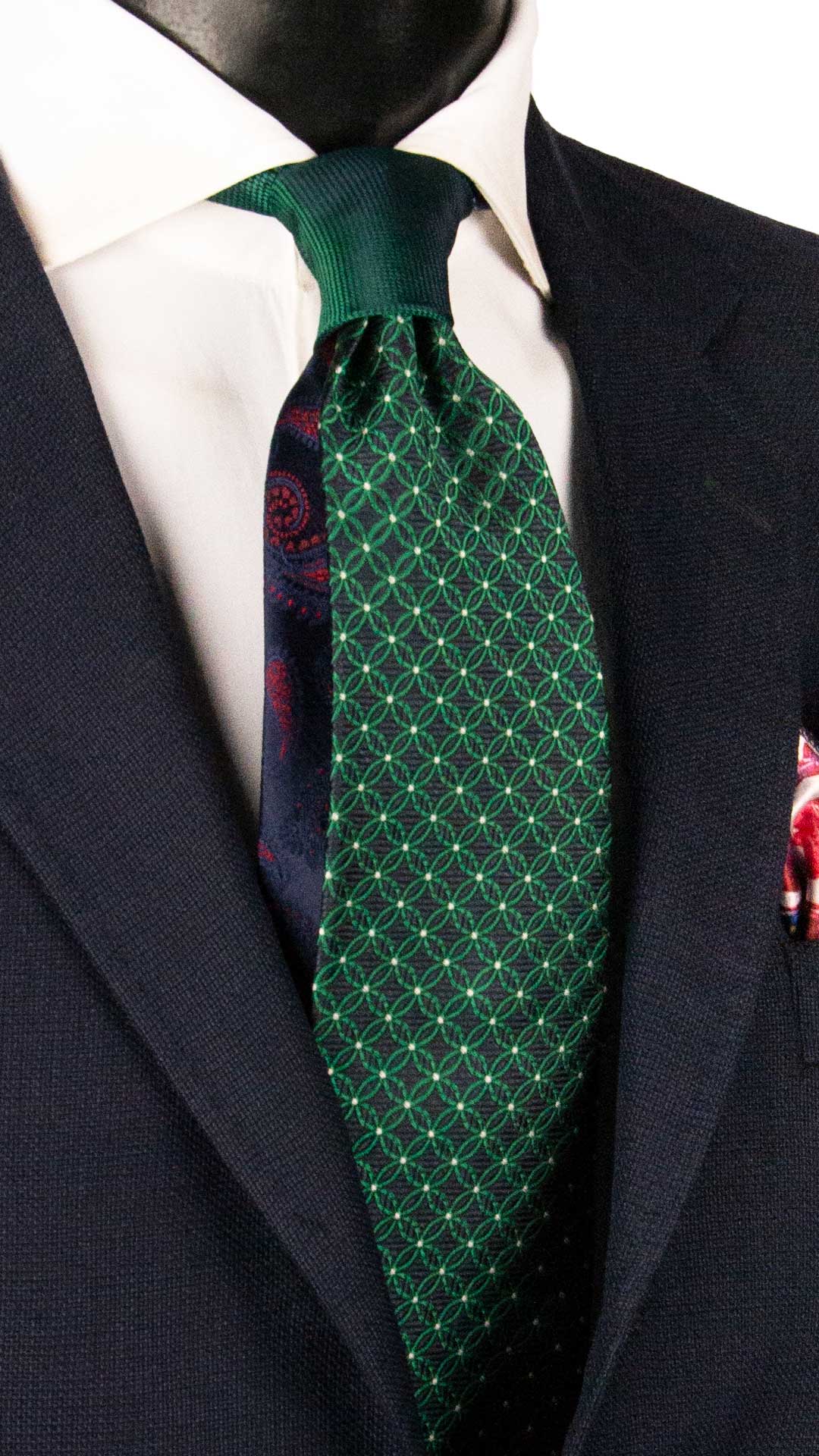 Cravatta di Seta Blu Fantasia Verde Nodo in Contrasto Verde Tinta Unita N3334 Graffeo Cravatte Made in Italy