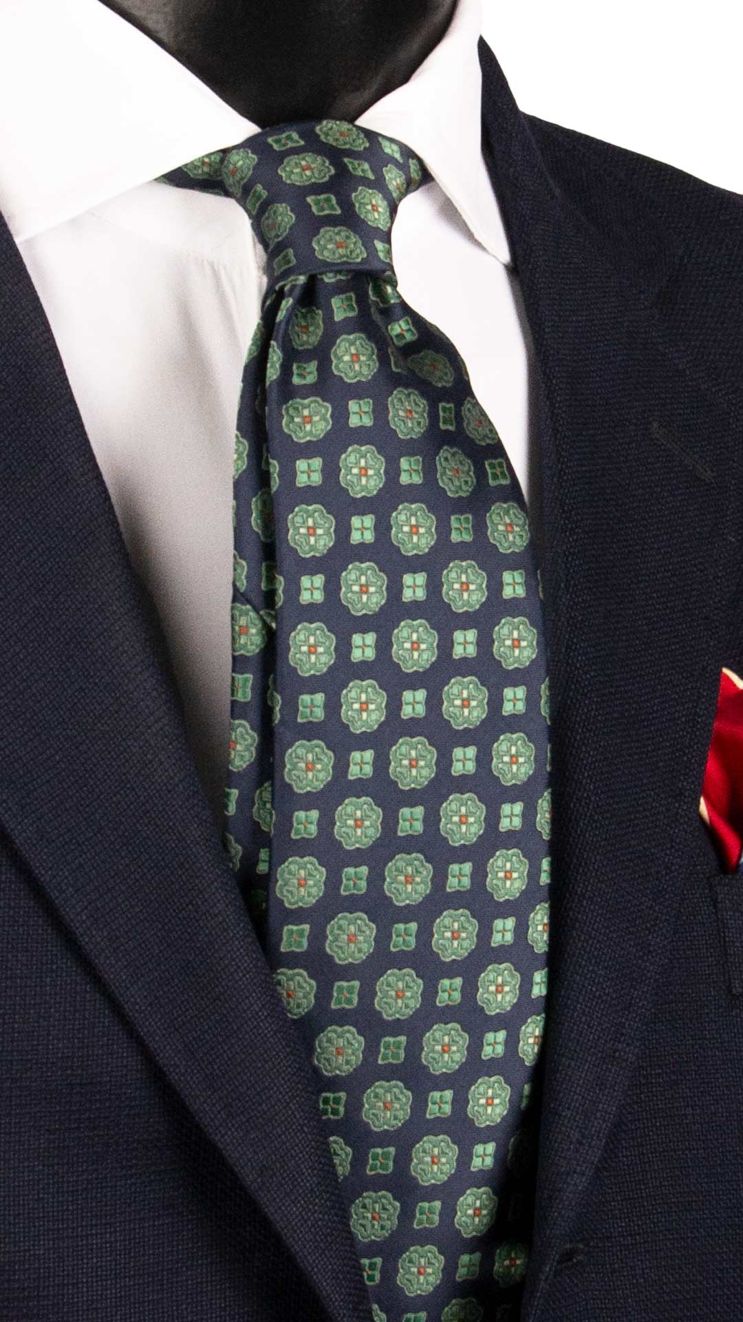 Cravatta di Seta Blu Fantasia Verde Rosso Mattone 1929 Graffeo Cravatte Made in Italy