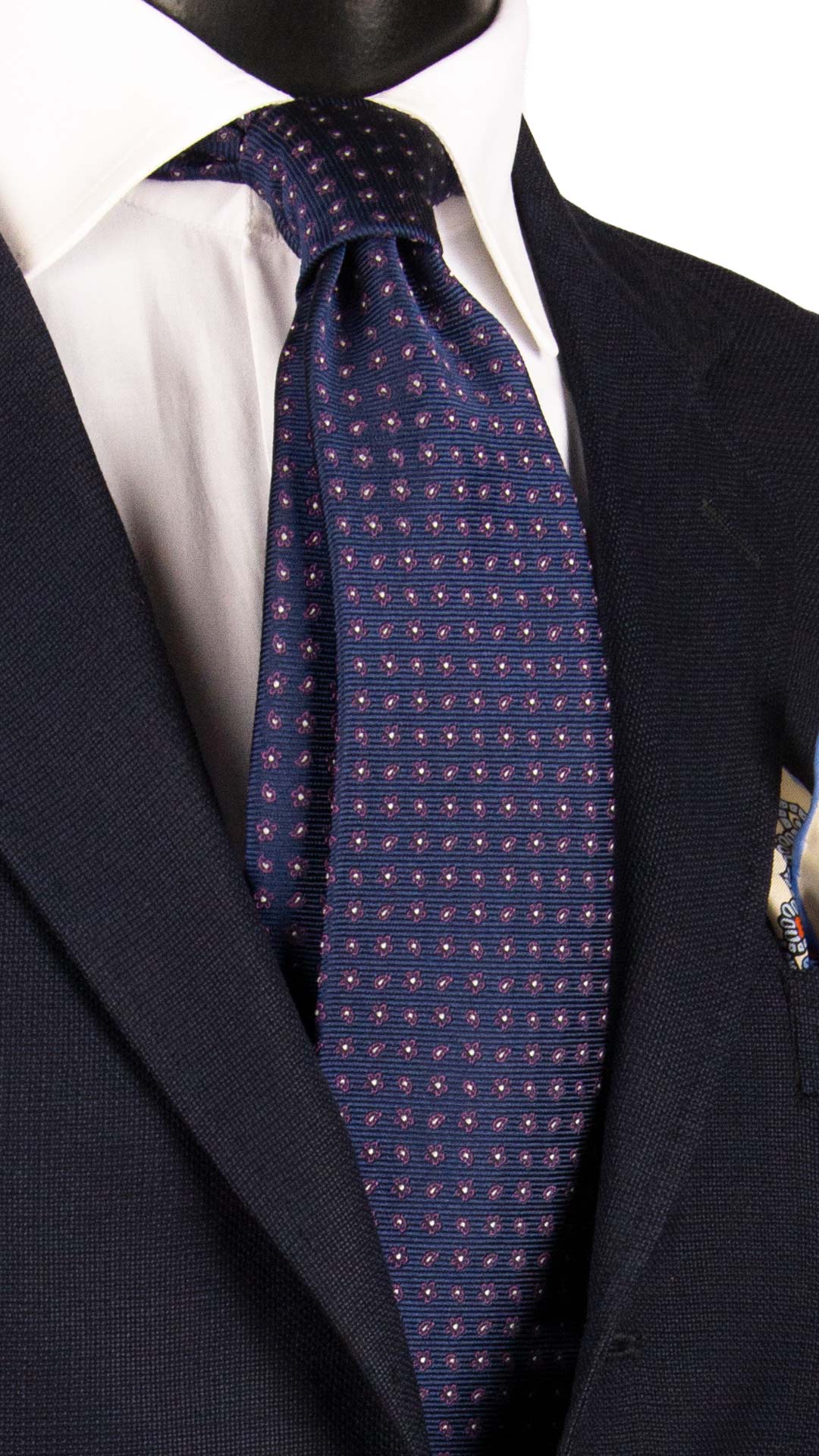 Cravatta di Seta Blu Navy Fantasia Viola Grigio Argento 7303 Graffeo Cravatte Made in Italy