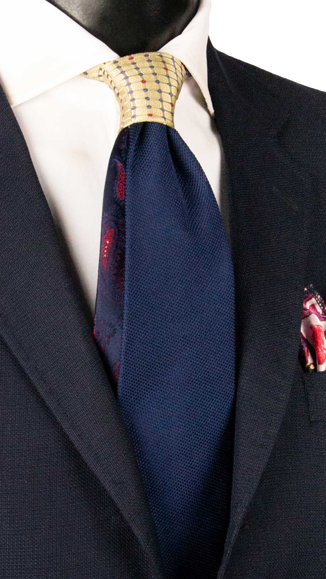 Cravatta di Seta Blu Navy Tinta Unita Nodo in Contrasto Avorio Fantasia Tono su Tono Blu Navy Rosso N3351 Made in Italy Graffeo Cravatte