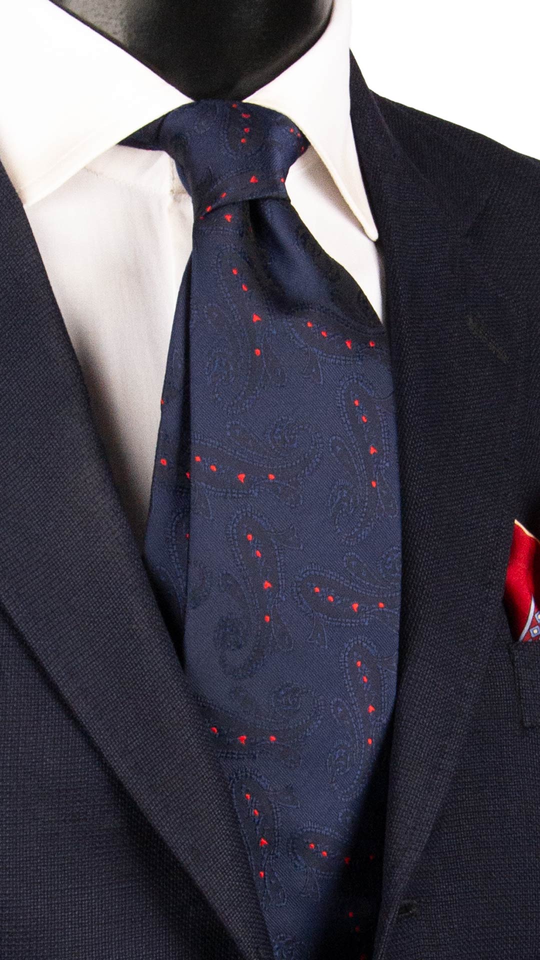 Cravatta di Seta Blu Paisley Tono su Tono Rosso 1653 Graffeo Cravatte Made in Italy