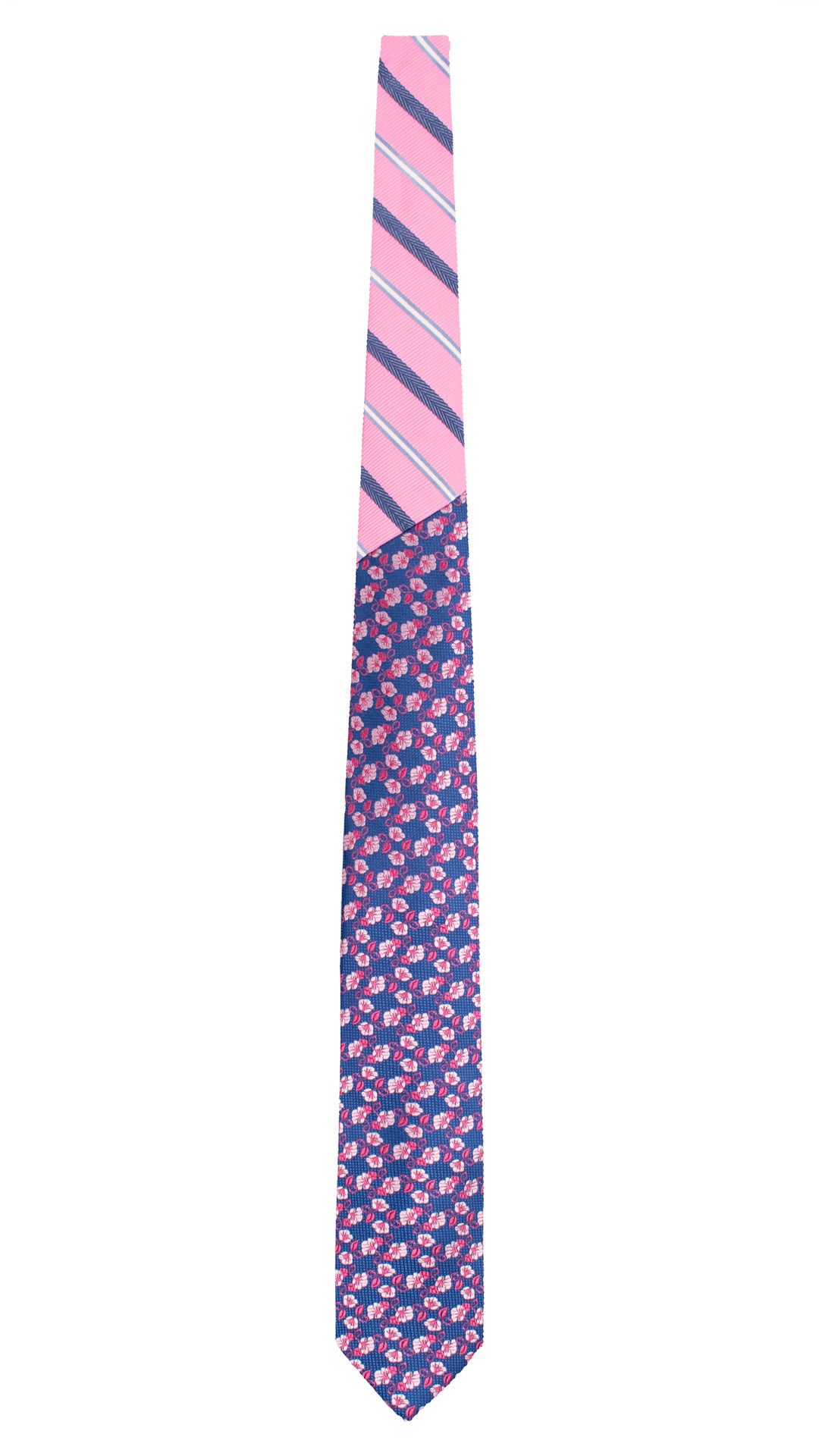 Cravatta di Seta Bluette a Fiori Rosa Magenta Nodo in Contrasto Rosa con Righe Bluette Azzurre Bianche N3444 Made in Italy Graffeo Cravatte Intera