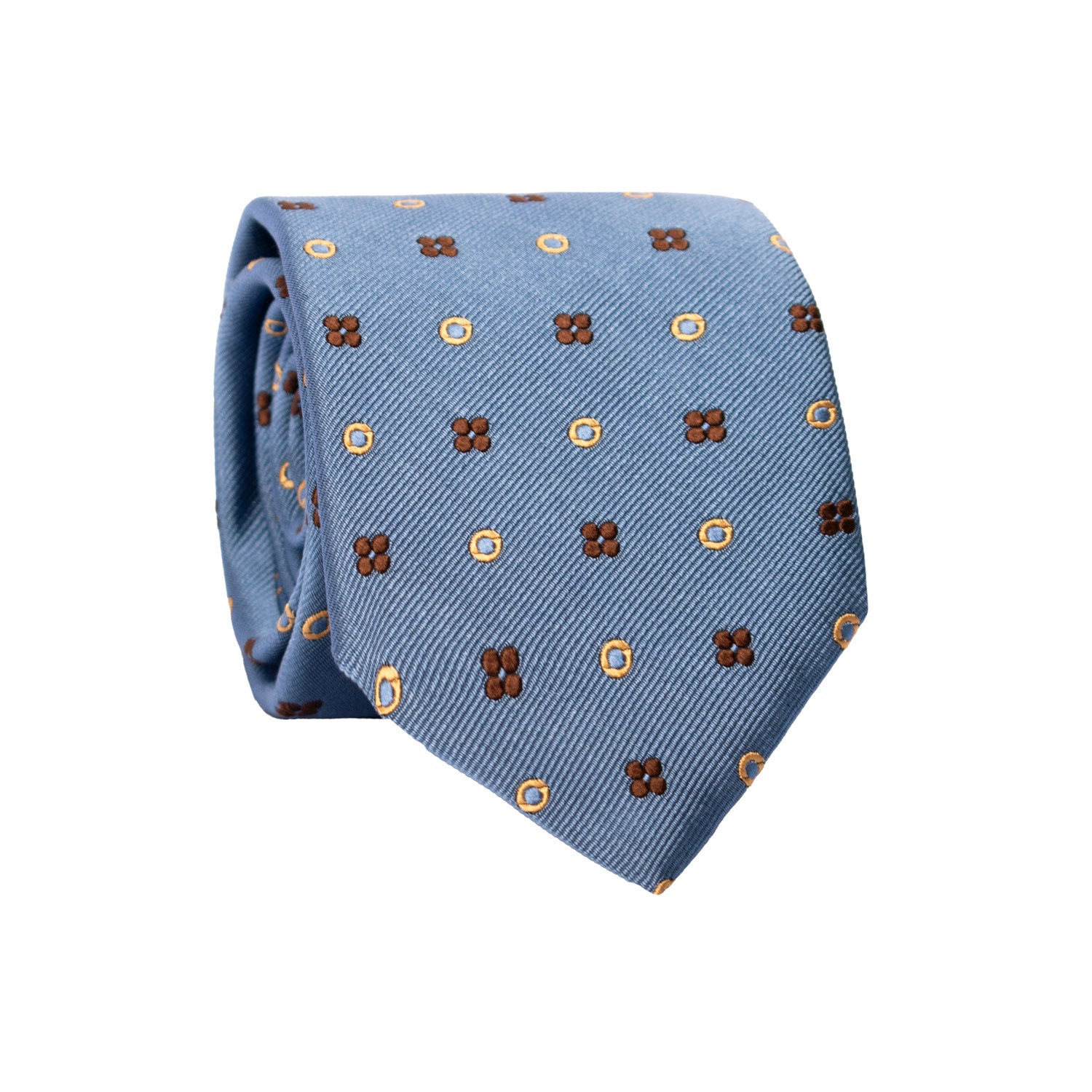 Cravatta di Seta Celeste Fantasia Marrone Giallo Oro AN7370 Graffeo Cravatte Made in Italy Rotolo