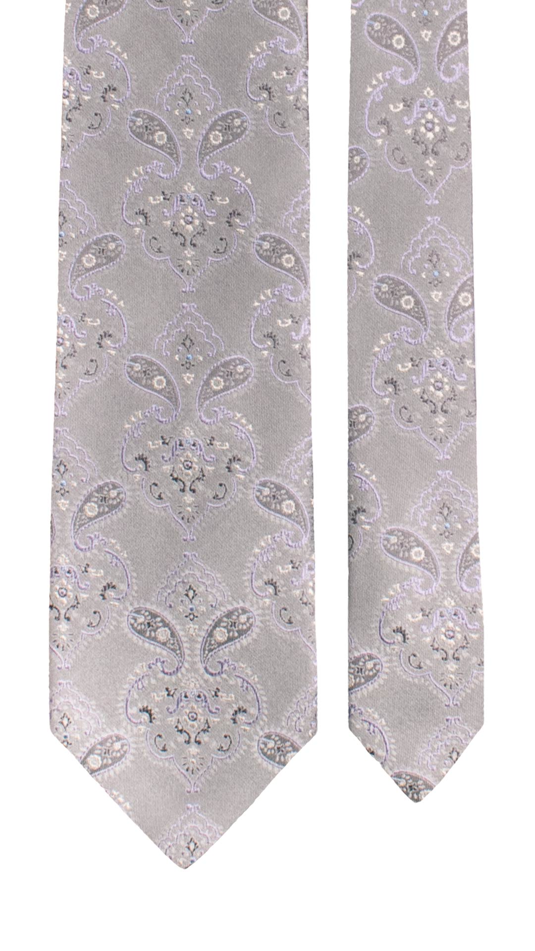 Cravatta di Seta Grigia Paisley Lilla Bianco 1638 Graffeo Cravatte Made in Italy Pala