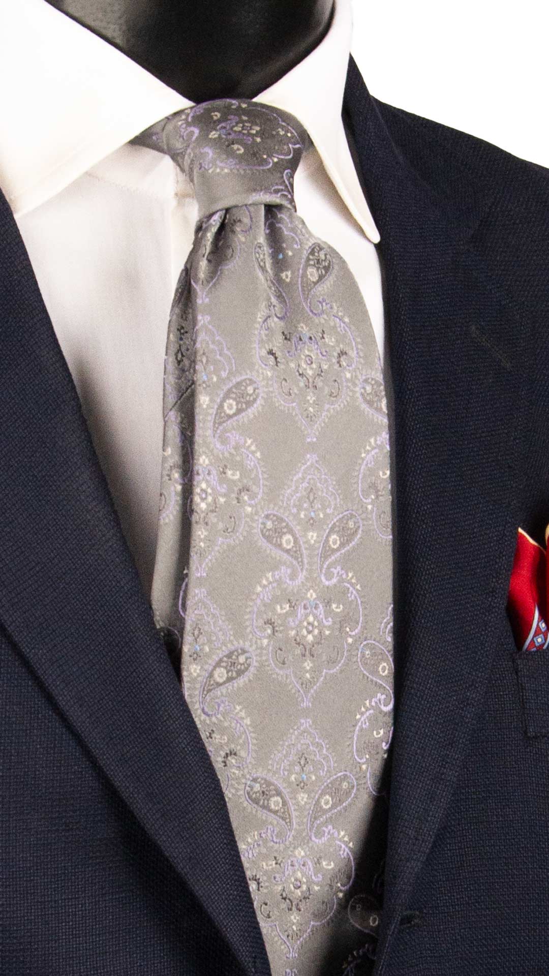 Cravatta di Seta Grigia Paisley Lilla Bianco 1638 Graffeo Cravatte Made in Italy