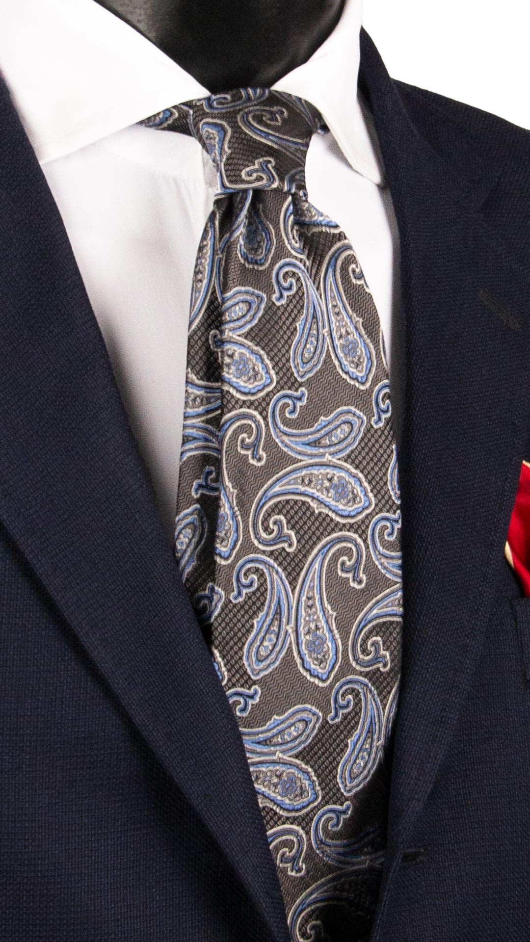Cravatta di Seta Grigio Antracite Paisley Nero Azzurro Bianco AN7637 Made in Italy Graffeo Cravatte