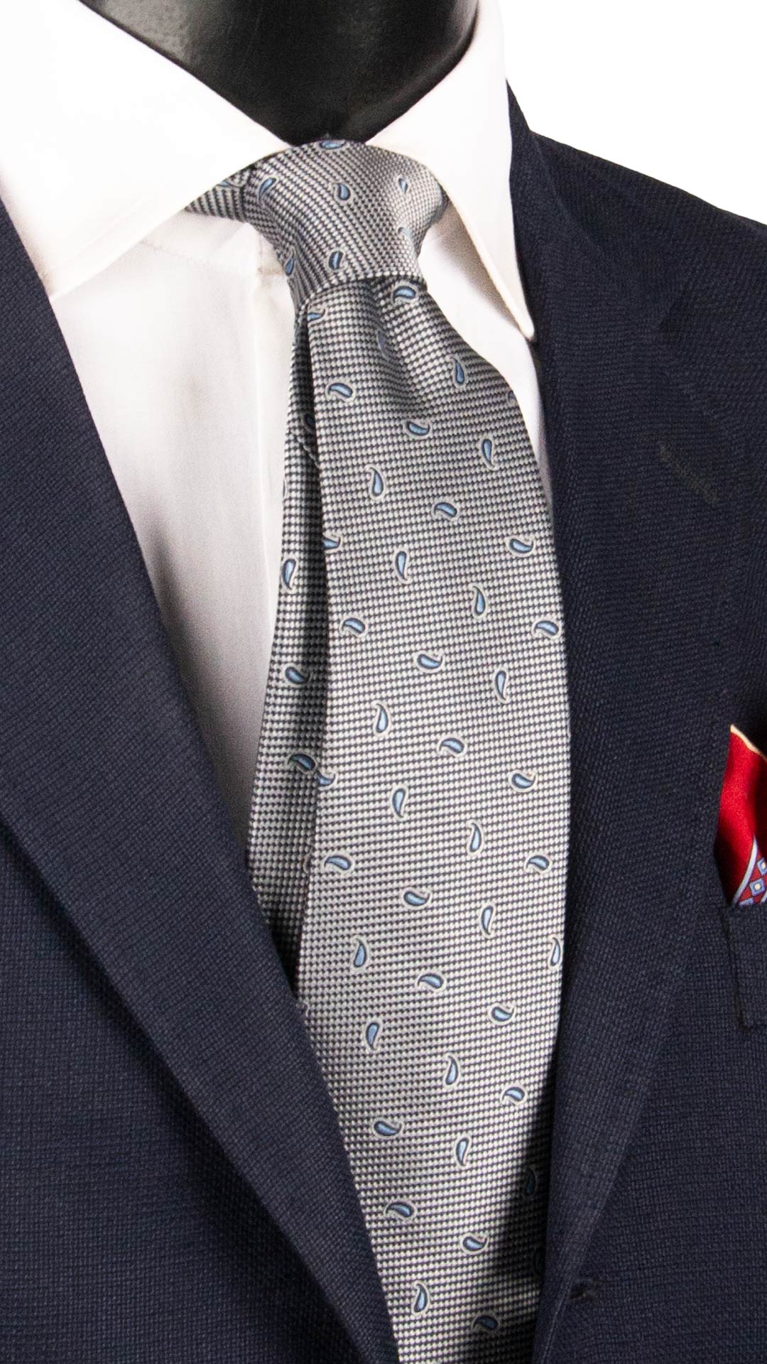 Cravatta di Seta Grigio Argento Blu Paisley Celeste 1778 Graffeo Cravatte Made in Italy