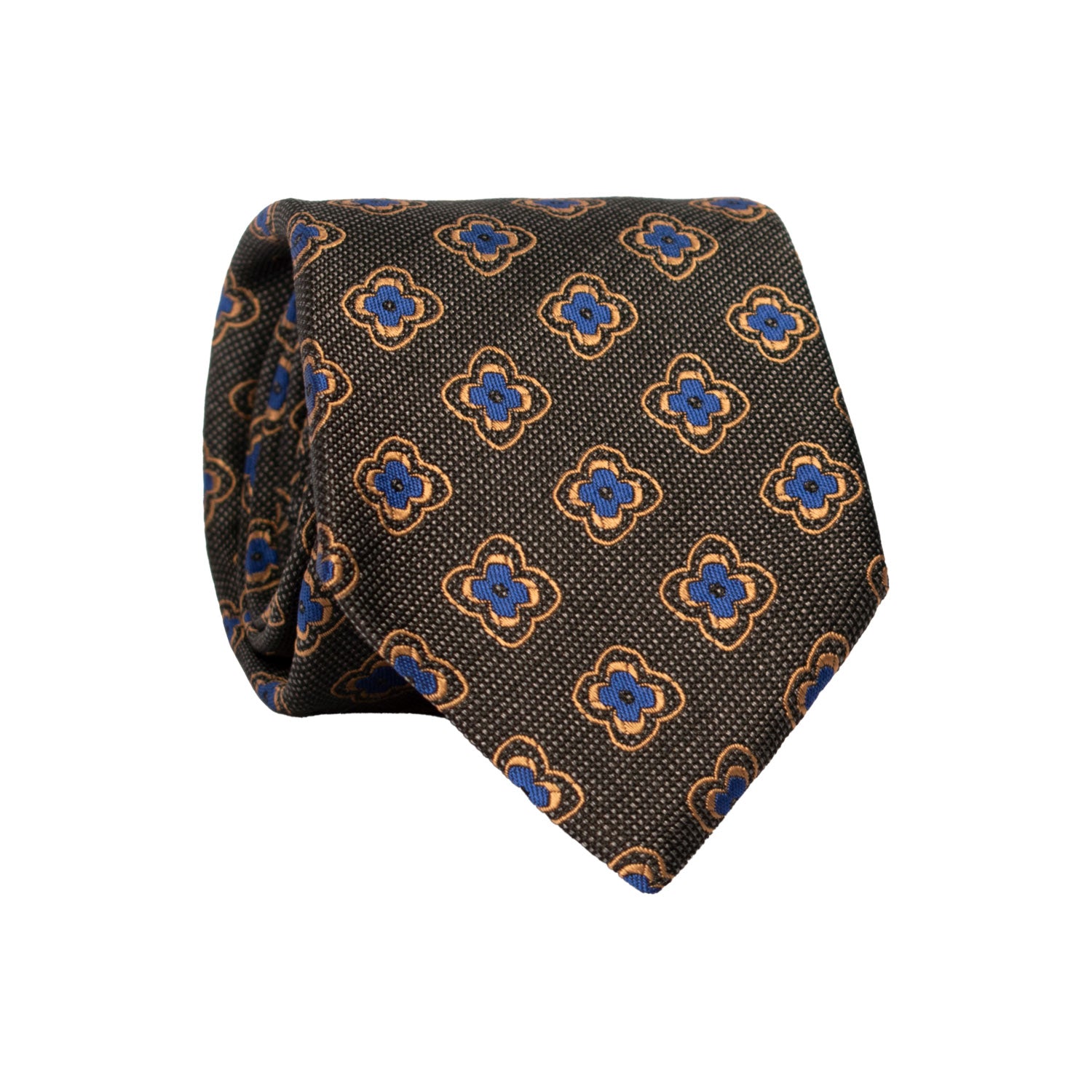 Cravatta di Seta Grigio Scuro a Fiori Bluette Color Bronzo AN7440 Made in Italy Graffeo Cravatte Rotolo