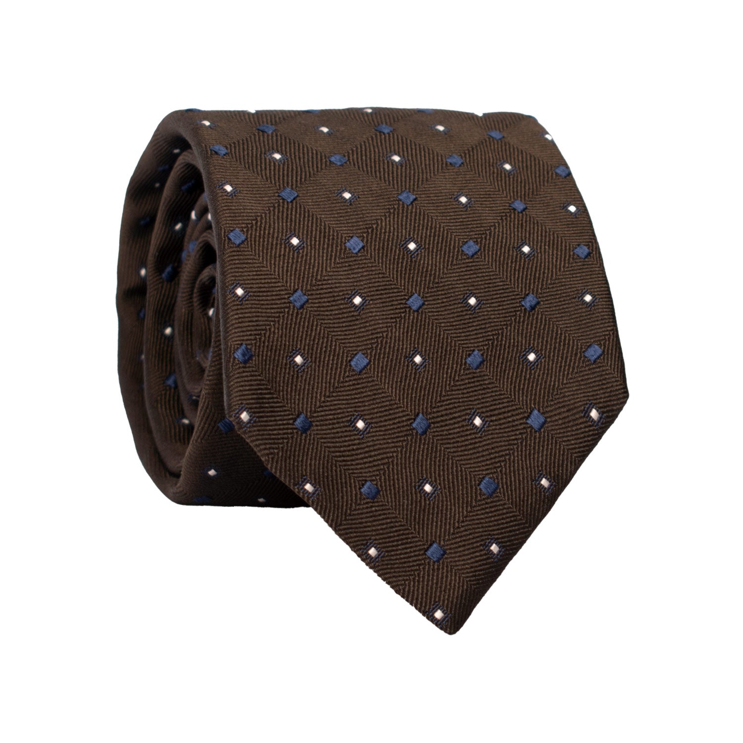 Cravatta di Seta Marrone Bruciato Fantasia Bluette Bianco 7501 Made in Italy Graffeo Cravatte Rotolo