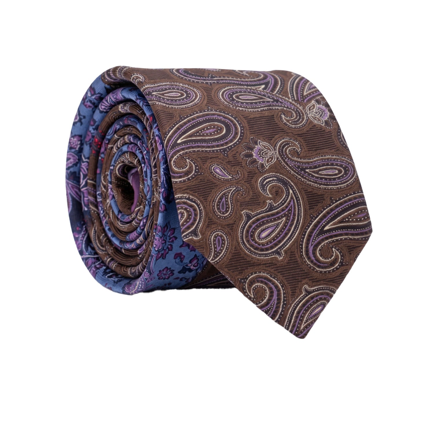 Cravatta di Seta Marrone Bruciato Paisley Viola Blu Grigio Argento Nodo in Contrasto Blu Paisley Viola Lilla N3281 Made in Italy Graffeo Cravatte Rotolo