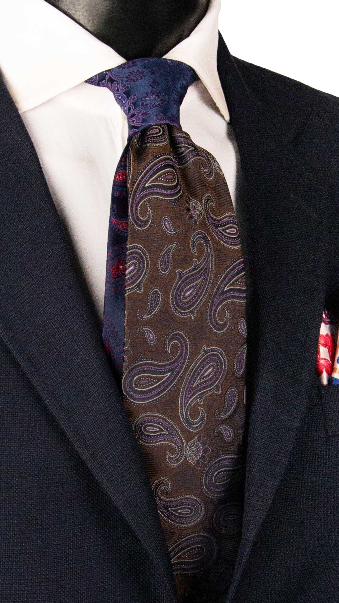 Cravatta di Seta Marrone Bruciato Paisley Viola Blu Grigio Argento Nodo in Contrasto Blu Paisley Viola Lilla N3281 Made in Italy Graffeo Cravatte