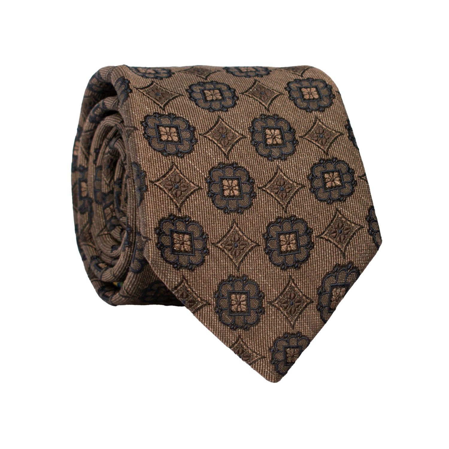 Cravatta di Seta Marrone Chiaro con Medaglioni Blu AN7481 Made in Italy Graffeo Cravatte Rotolo