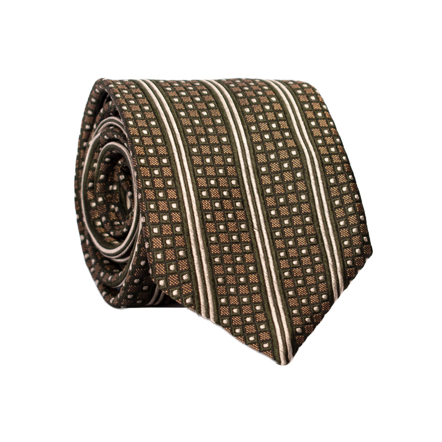 Cravatta di Seta Marrone Verde Bianco Perla con Righe Verticali 7168 Graffeo Cravatte Made in Italy Rotolo