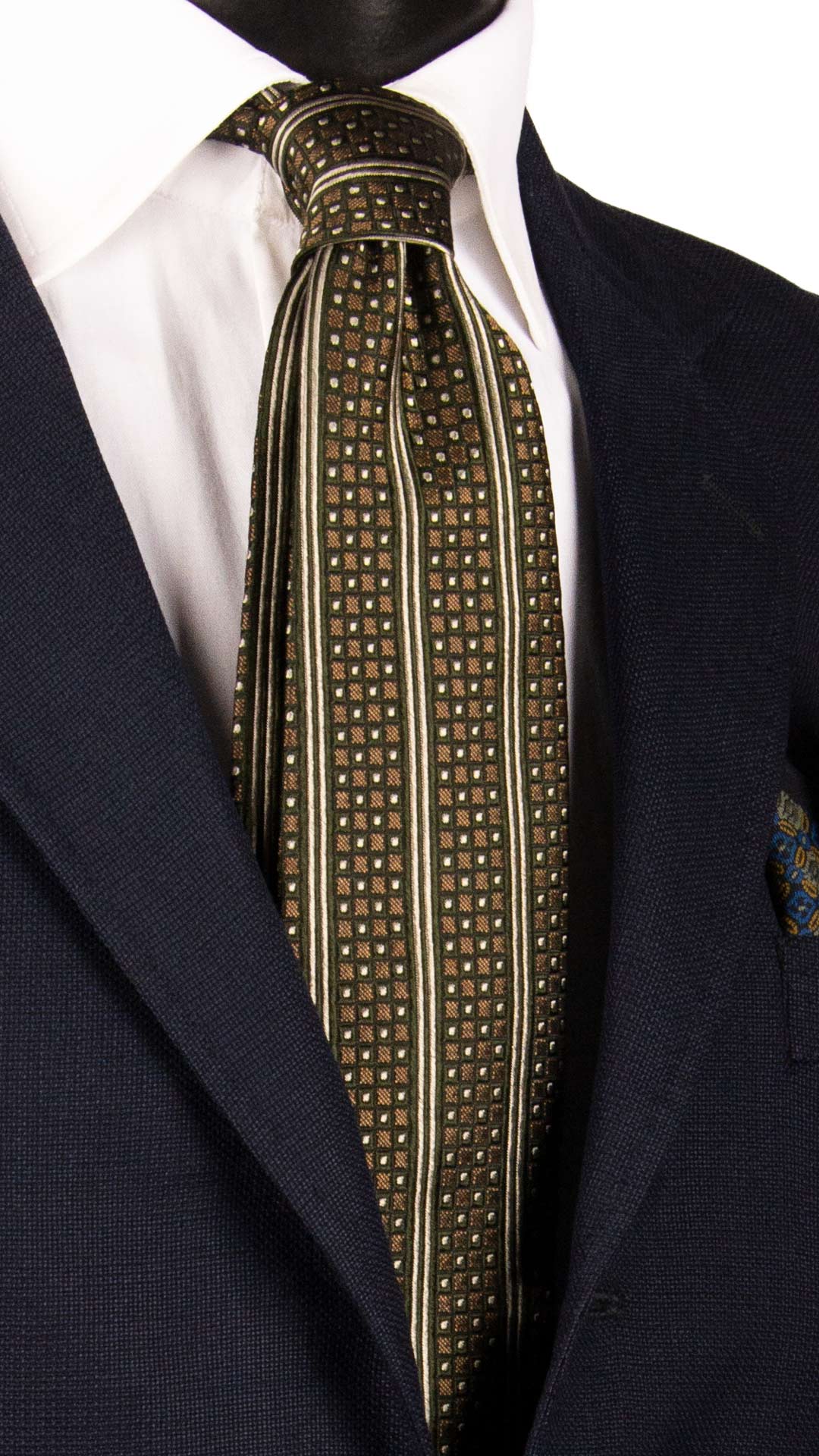 Cravatta di Seta Marrone Verde Bianco Perla con Righe Verticali 7168 Graffeo Cravatte Made in Italy