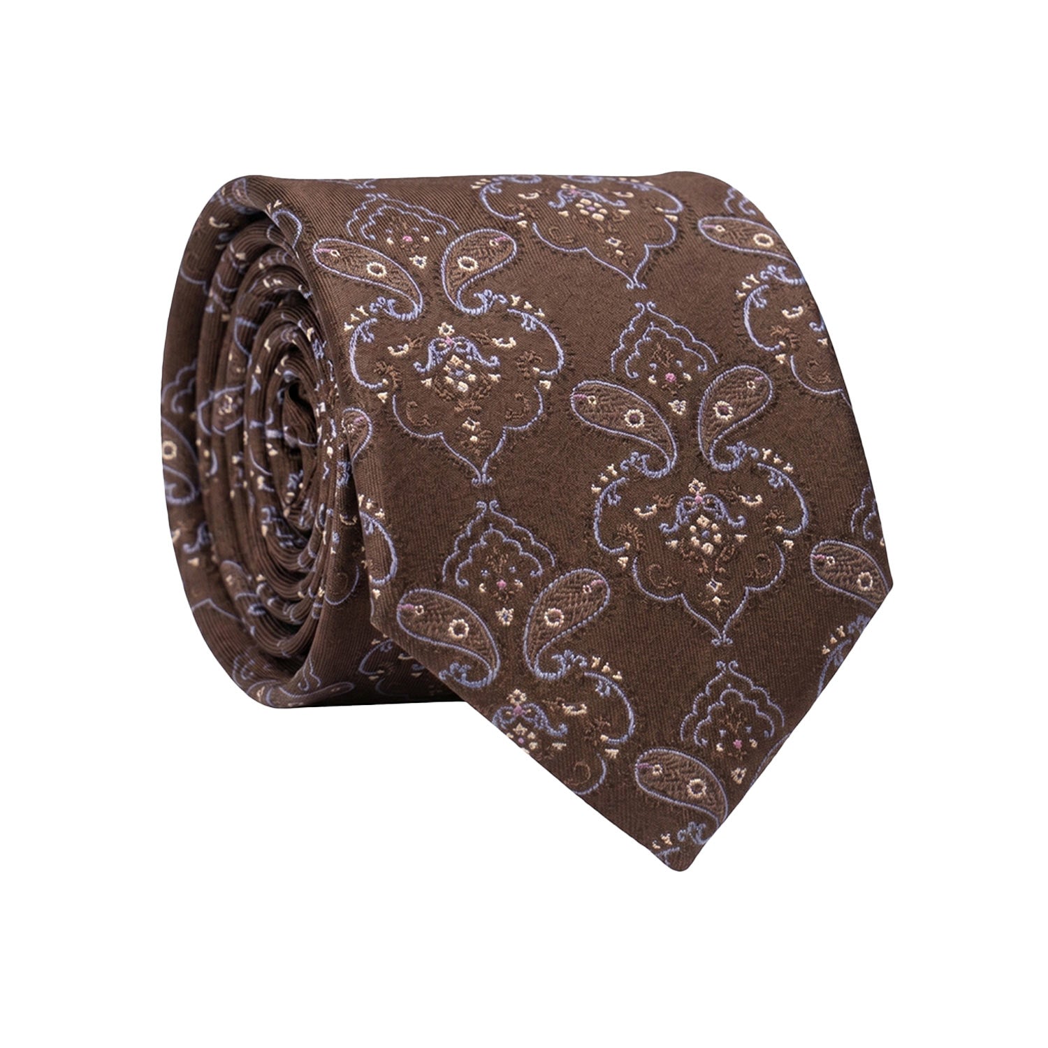 Cravatta di Seta Marrone Paisley Lilla Rosa Bianco 1521 Graffeo Cravatte Made in Italy Rotolo