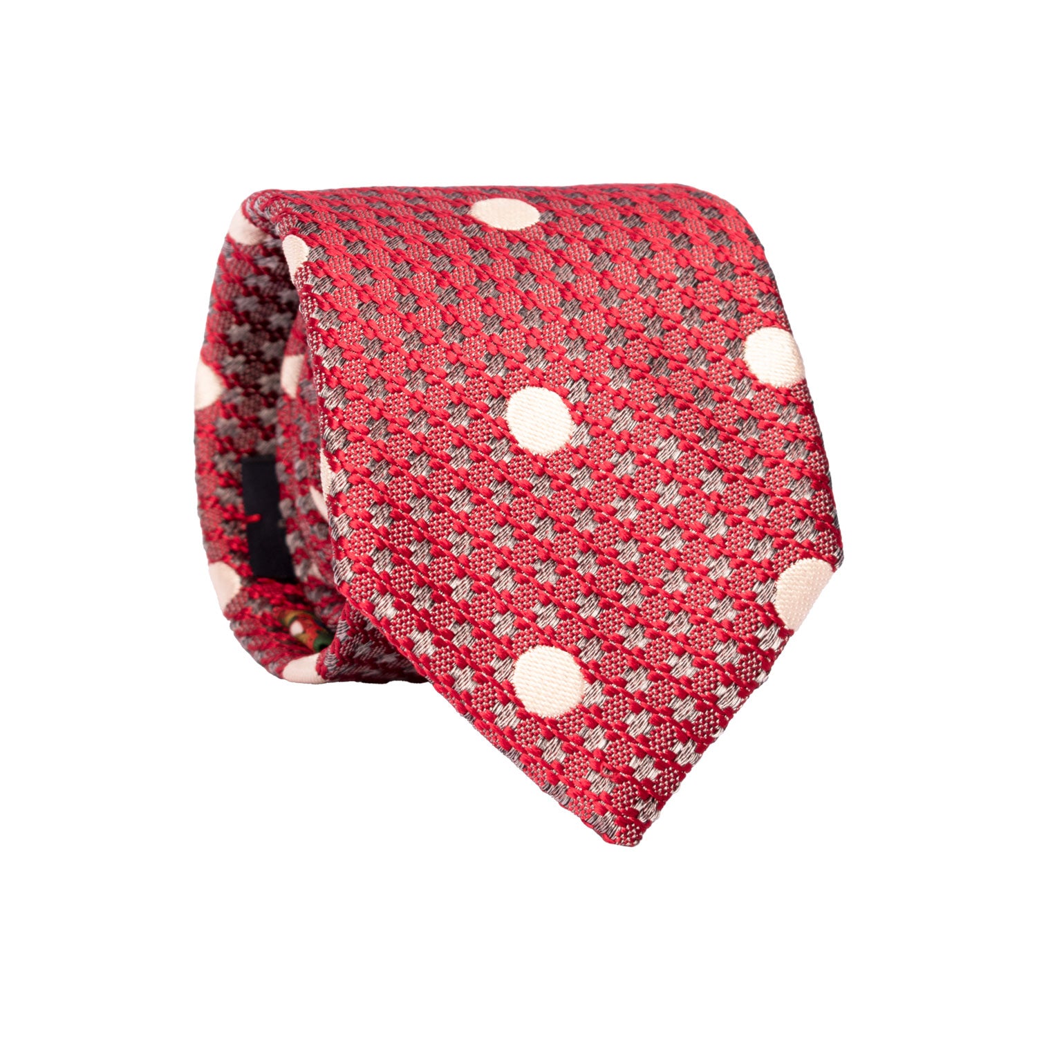 Cravatta di Seta Pied de Poule Rosso Grigio a Pois Color Crema AN7426 Made in Italy Graffeo Cravatte Rotolo