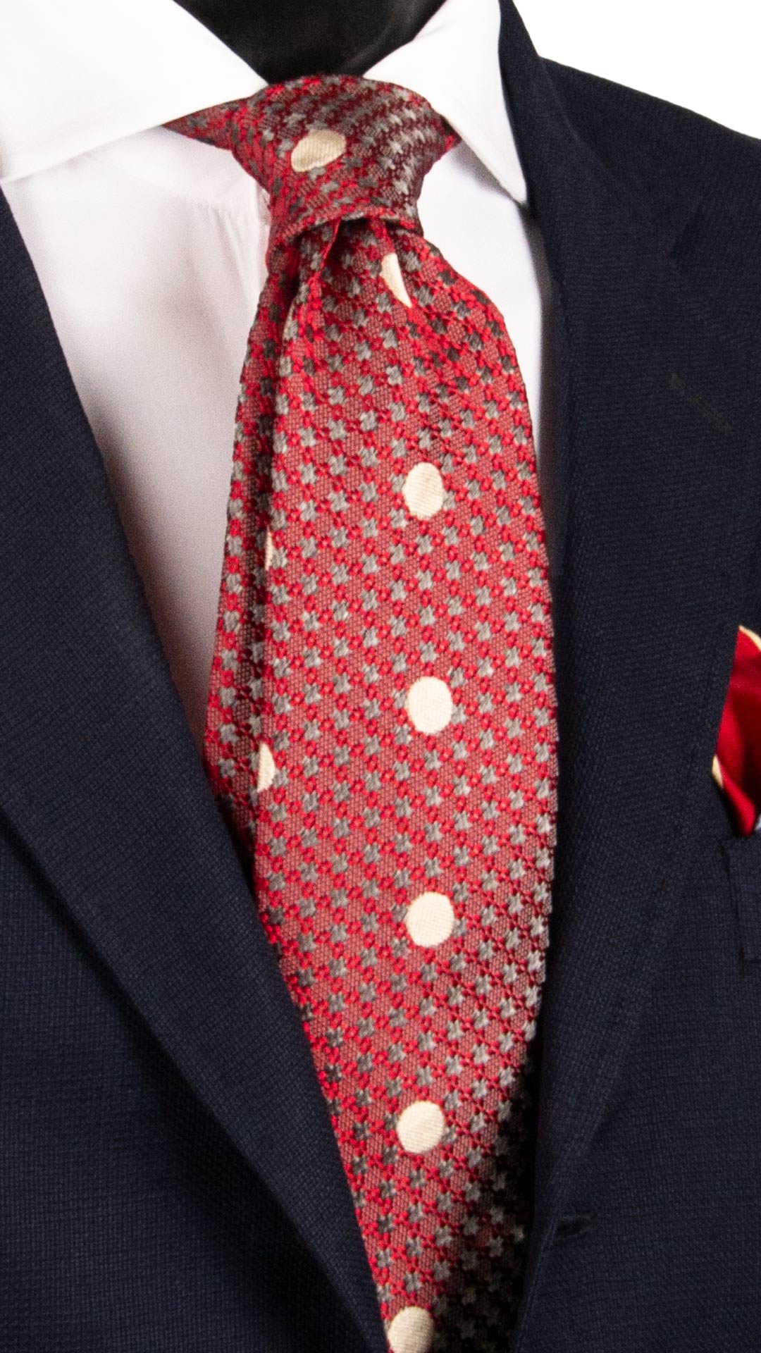 Cravatta di Seta Pied de Poule Rosso Grigio a Pois Color Crema AN7426 Made in Italy Graffeo Cravatte