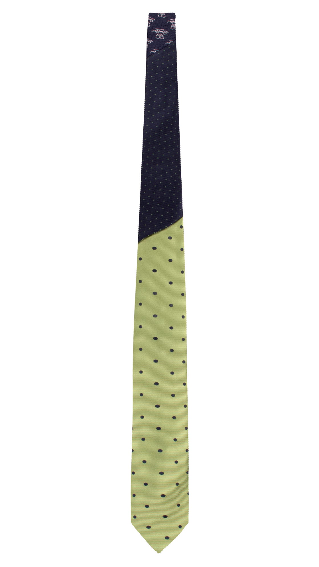 Cravatta di Seta Verde Fluo a Pois Blu Nodo in Contrasto Blu Fantasia Verde N3381 Made in Italy Graffeo Cravatte Intera