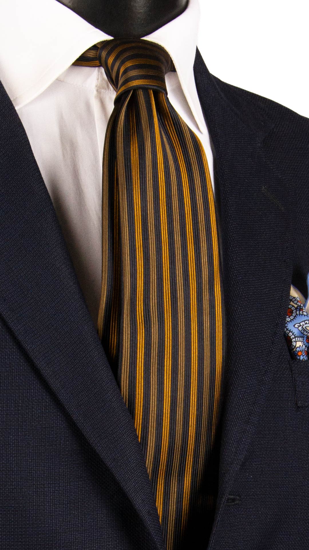 Cravatta di Seta con Riga Verticale Blu Verde Oliva Giallo Senape 7361 Graffeo Cravatte Made in Italy