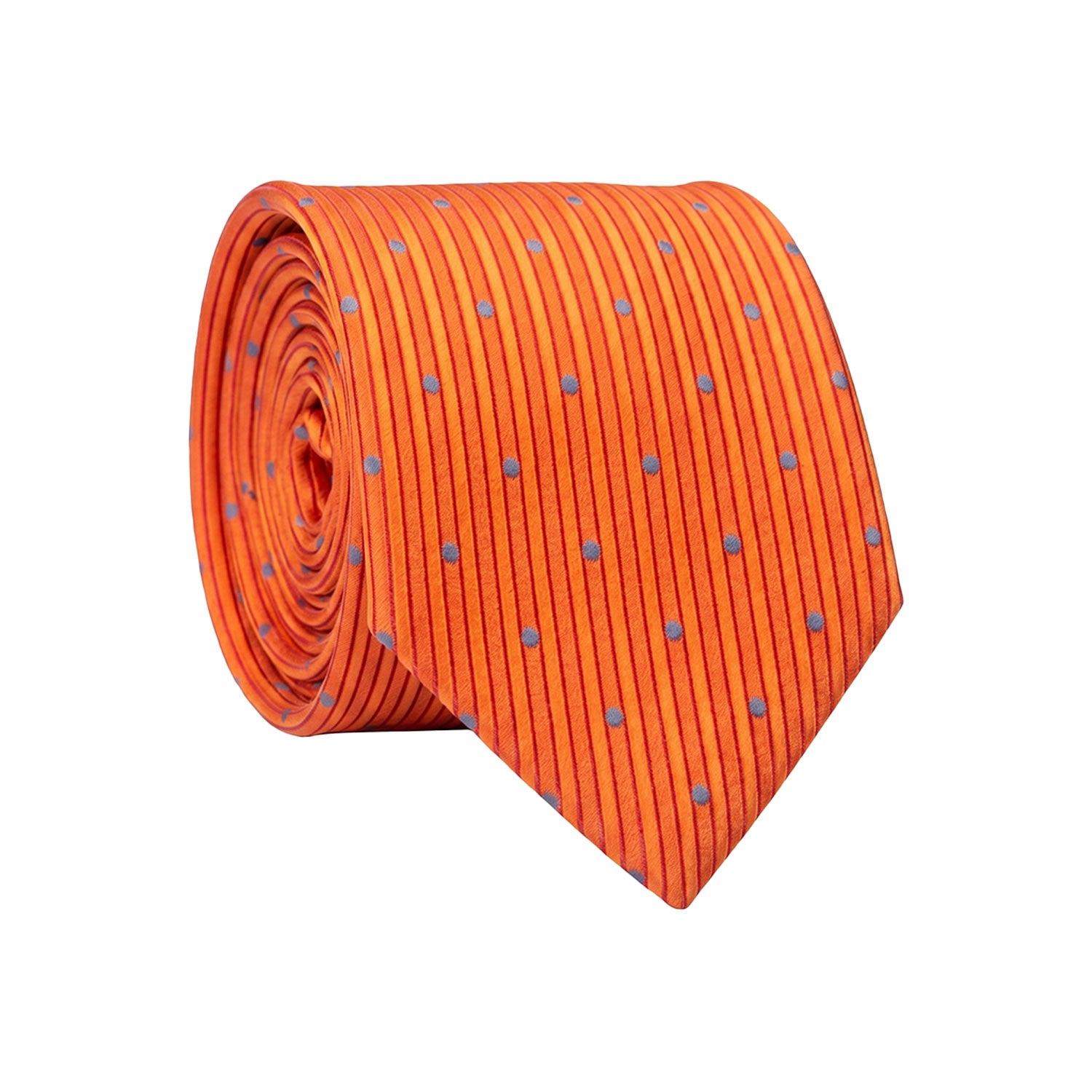 Cravatta di Seta con Riga Verticale Arancione Rosso a Pois Blu Avio 1634 Graffeo Cravatte Made in Italy Rotolo