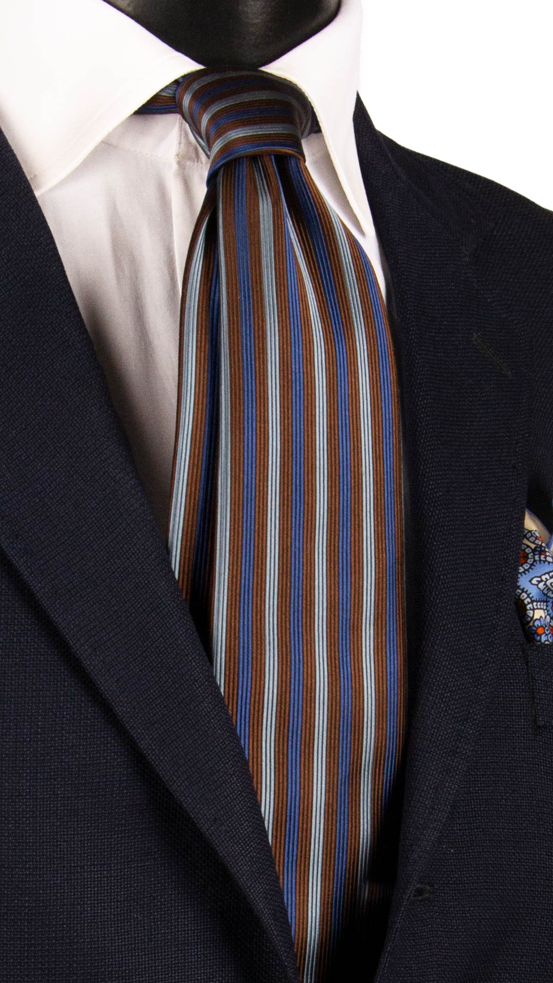 Cravatta di Seta con Riga Verticale Marrone Blu Navy Celeste 7358 Graffeo Cravatte Made in Italy