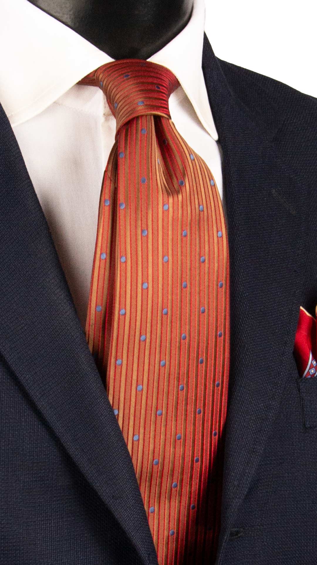 Cravatta di Seta con Riga Verticale Verde Oliva Rosso a Pois Blu Avio 1636 Graffeo Cravatte Made in Italy
