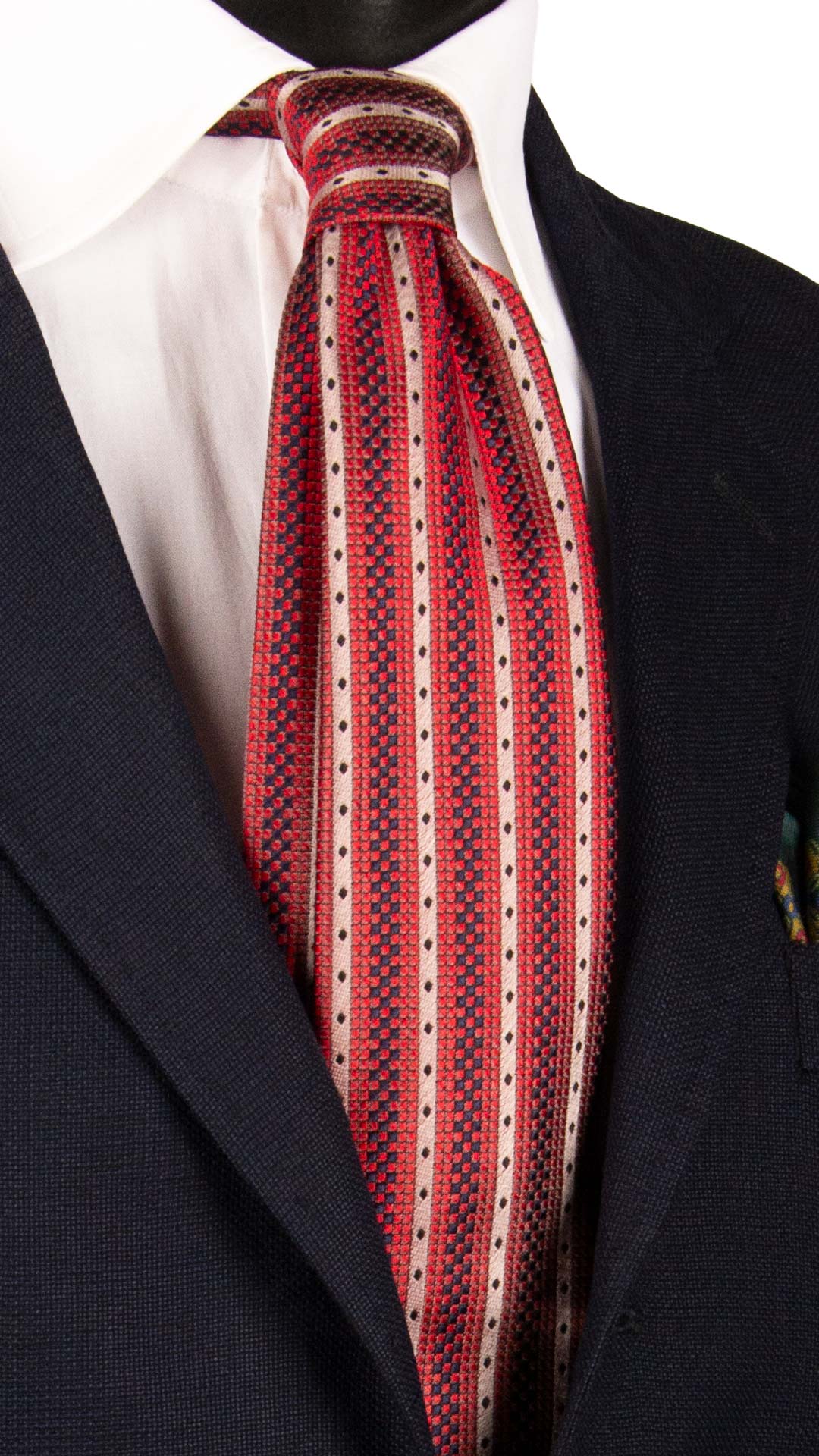 Cravatta di Seta a Righe Verticali Rosse Blu Grigie 7089