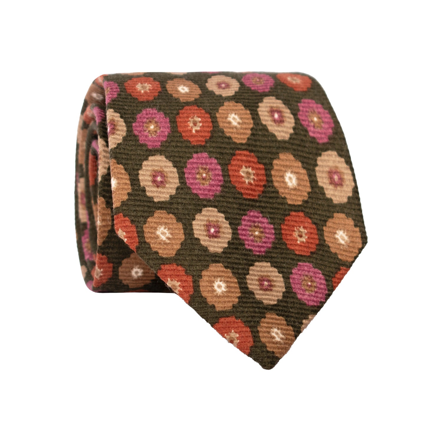 Cravatta in Lana Seta Verde Oliva a Fiori Viola Tortora Marrone L941 Made in Italy Graffeo Cravatte Rotolo