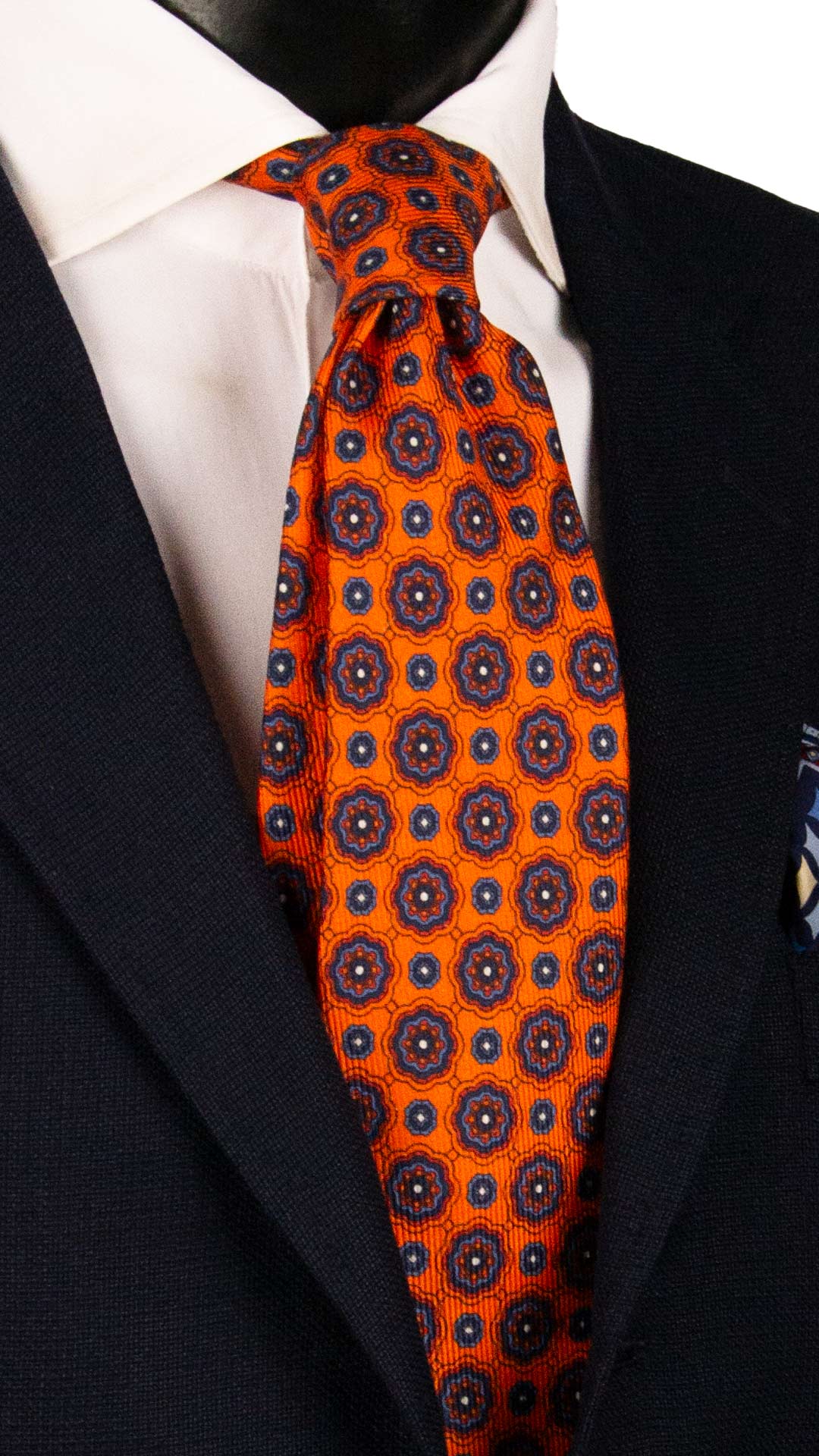 Cravatta in Saia di Seta Arancione Fantasia Blu Celeste Bianco SA76 Made in Italy Graffeo Cravatte
