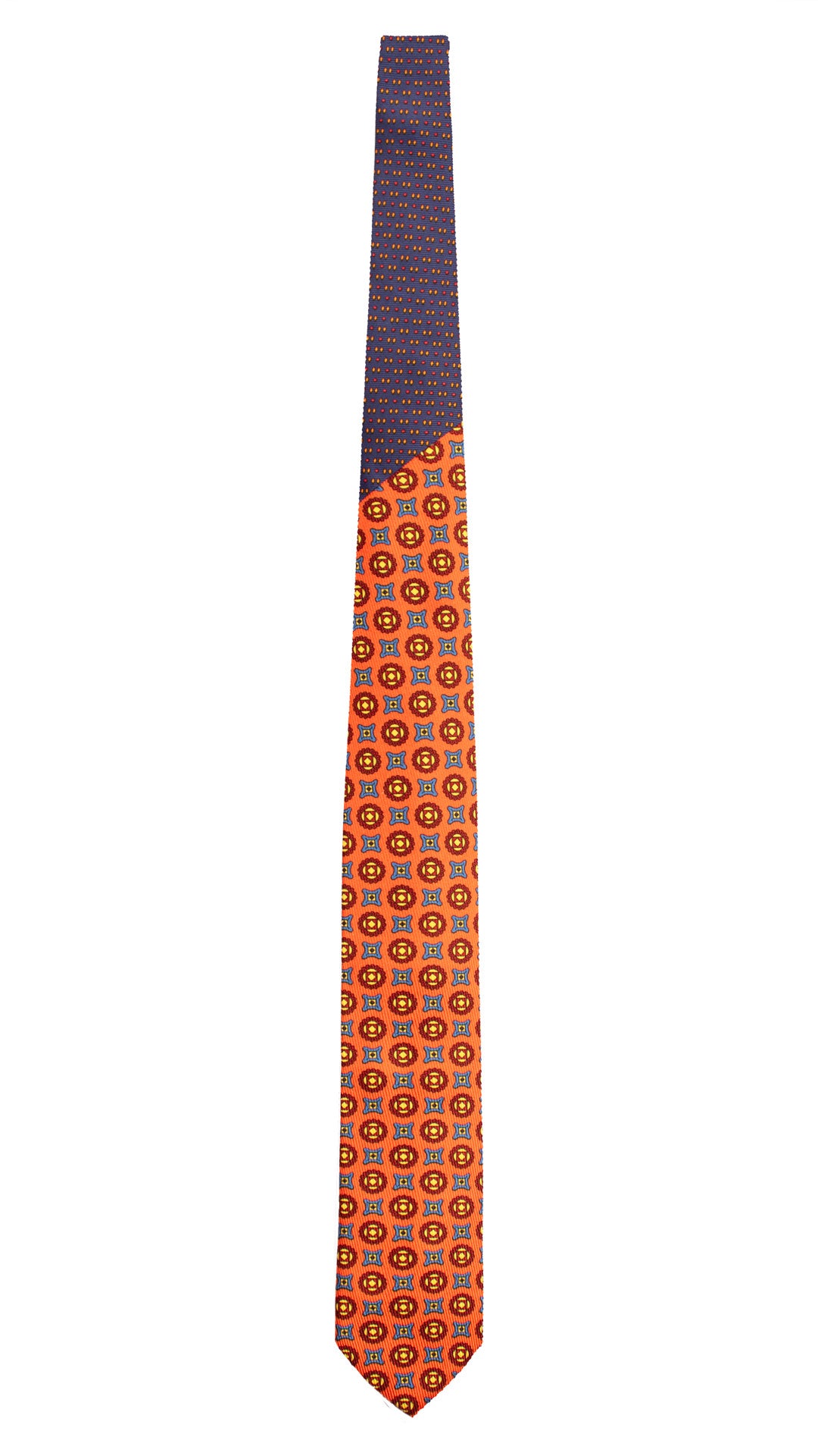 Cravatta in Saia di Seta Arancione Fantasia Multicolor Nodo in Contrasto Navy Blu Fantasia Arancione Rosso N3463 Made in Italy Graffeo Cravatte Intera
