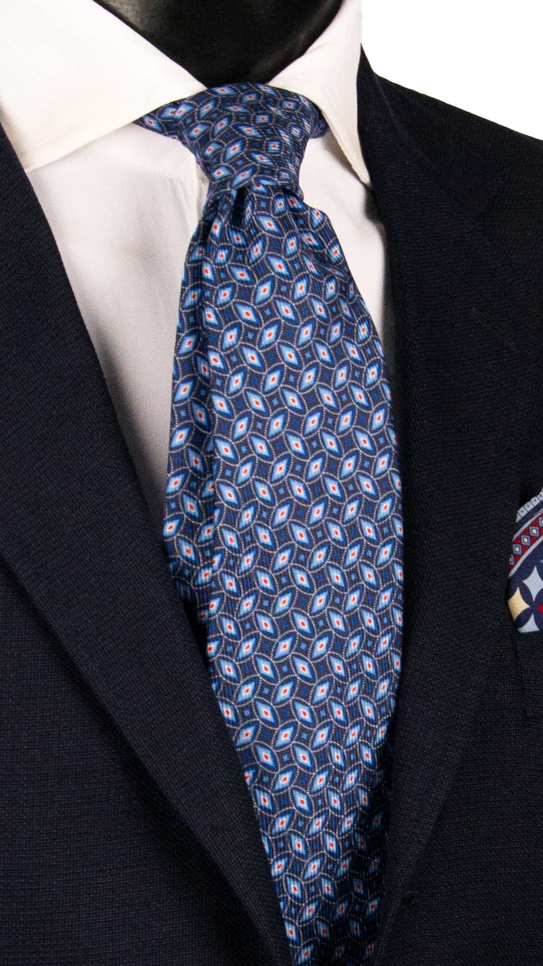 Cravatta in Saia di Seta Blu Fantasia Bianco Panna Azzurro Rosso SA103 Made in Italy Graffeo Cravatte