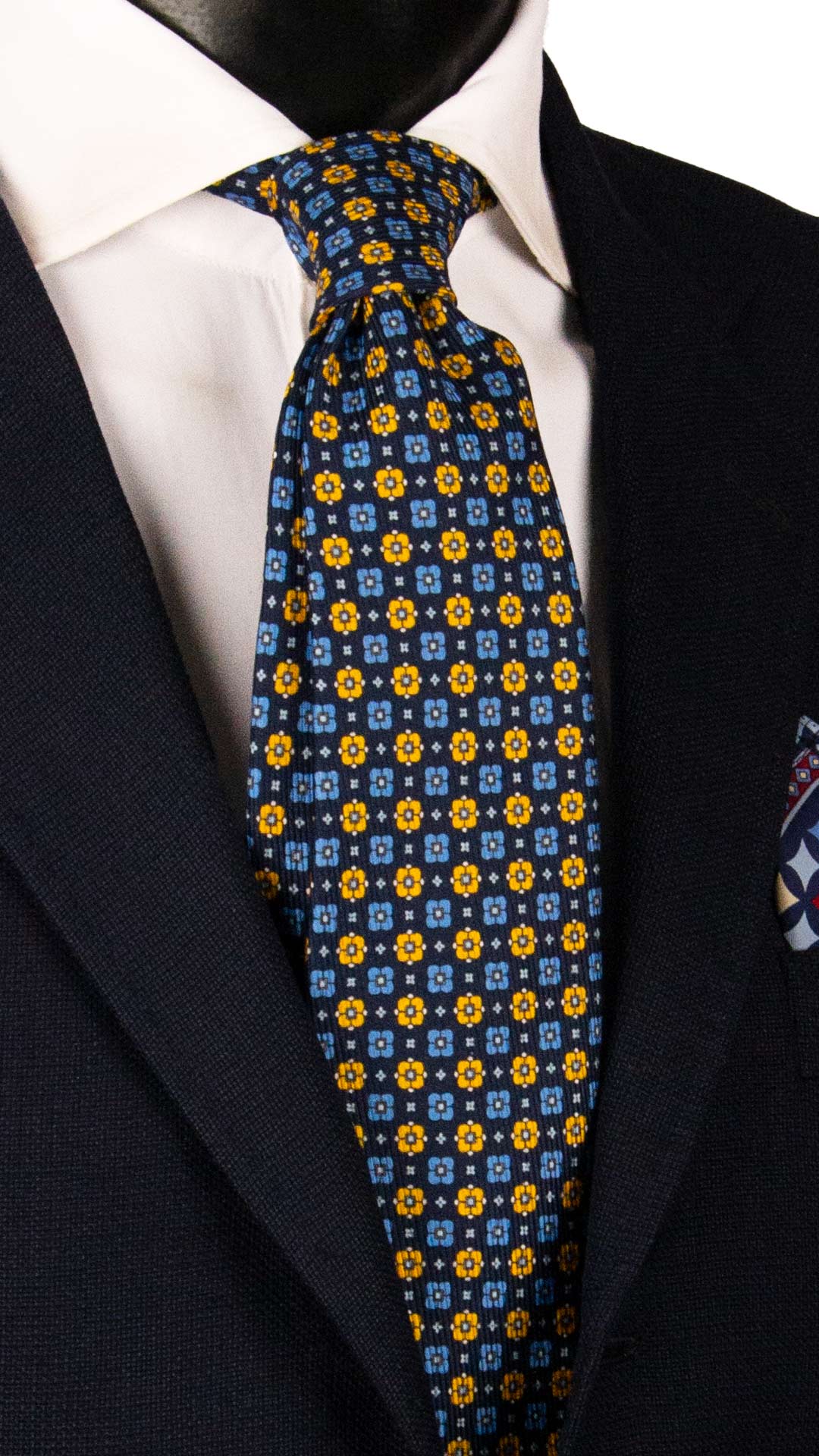 Cravatta in Saia di Seta Blu Fantasia Giallo Azzurro SA90 Made in Italy Graffeo Cravatte