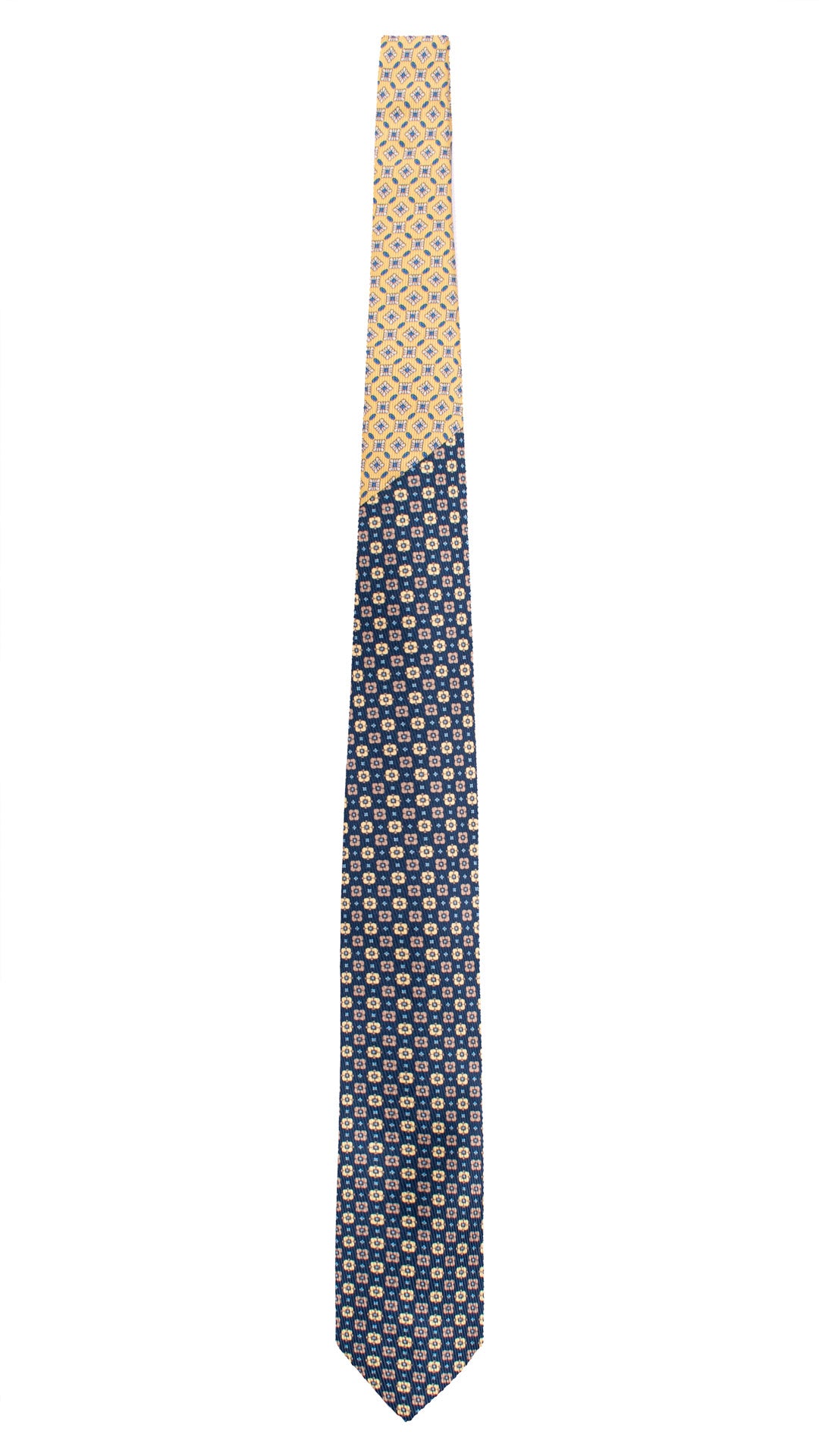 Cravatta in Saia di Seta Blu Fantasia Giallo Beige Celeste Nodo in Contrasto Giallo Fantasia Azzurro Avorio N3447 Made in Italy Graffeo Cravatte Intera