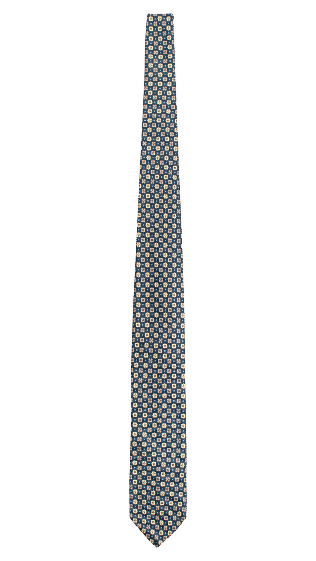 Cravatta in Saia di Seta Blu Fantasia Giallo Celeste Color Corda SA93 Made in Italy Graffe Cravatte Intera