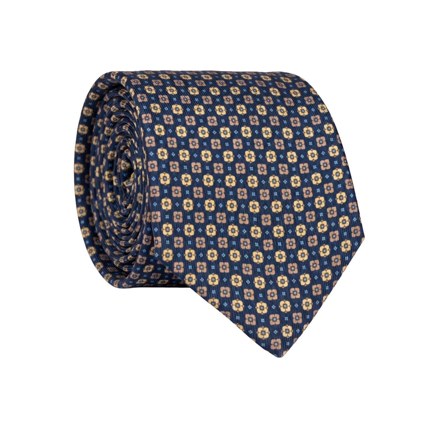 Cravatta in Saia di Seta Blu Fantasia Giallo Celeste Color Corda SA93 Made in Italy Graffe Cravatte Rotolo