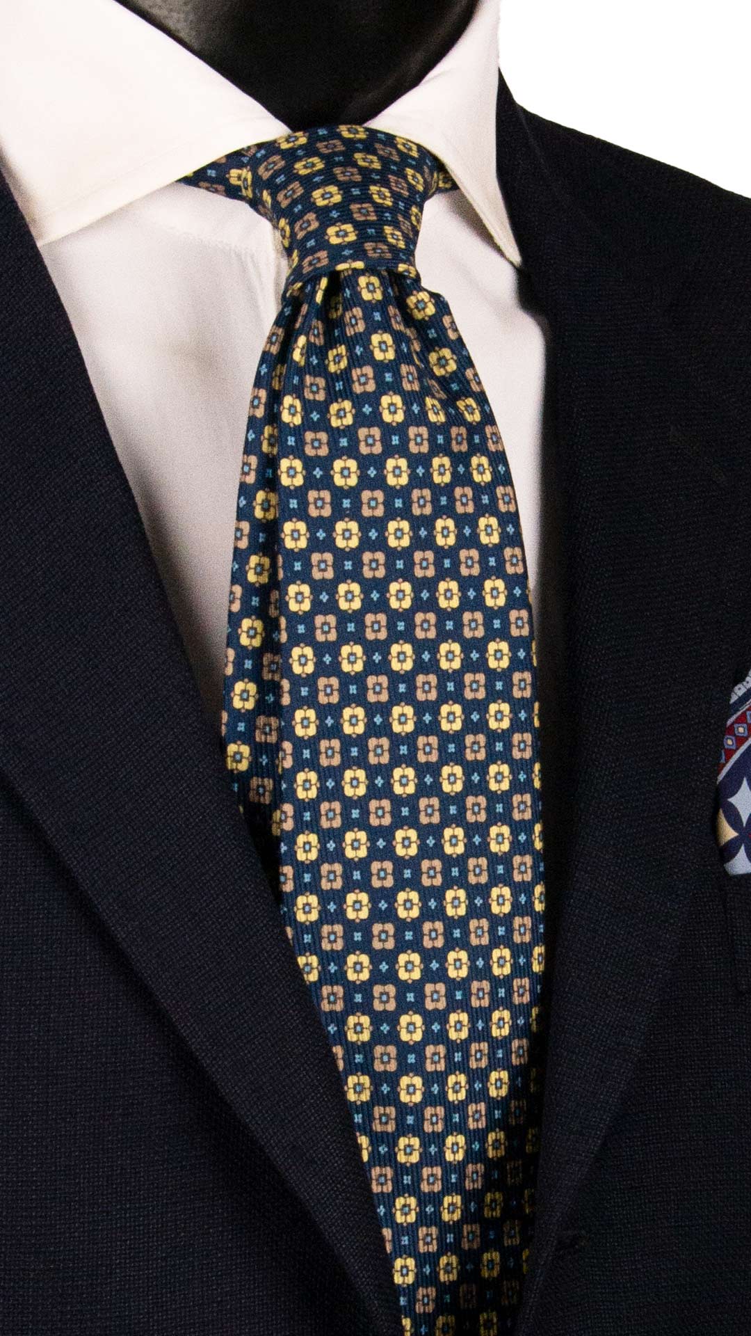 Cravatta in Saia di Seta Blu Fantasia Giallo Celeste Color Corda SA93 Made in Italy Graffe Cravatte