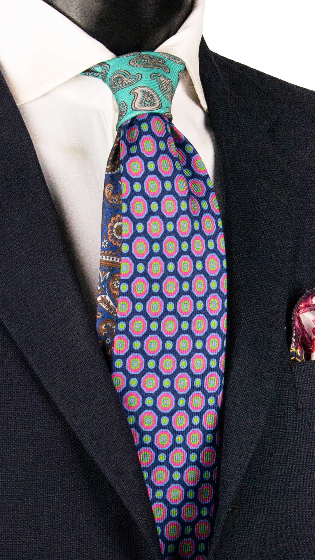 Cravatta in Saia di Seta Blu Fantasia Multicolor Nodo in Contrasto Verde Acqua Paisley Grigio N3469 Made in Italy Graffeo Cravatte