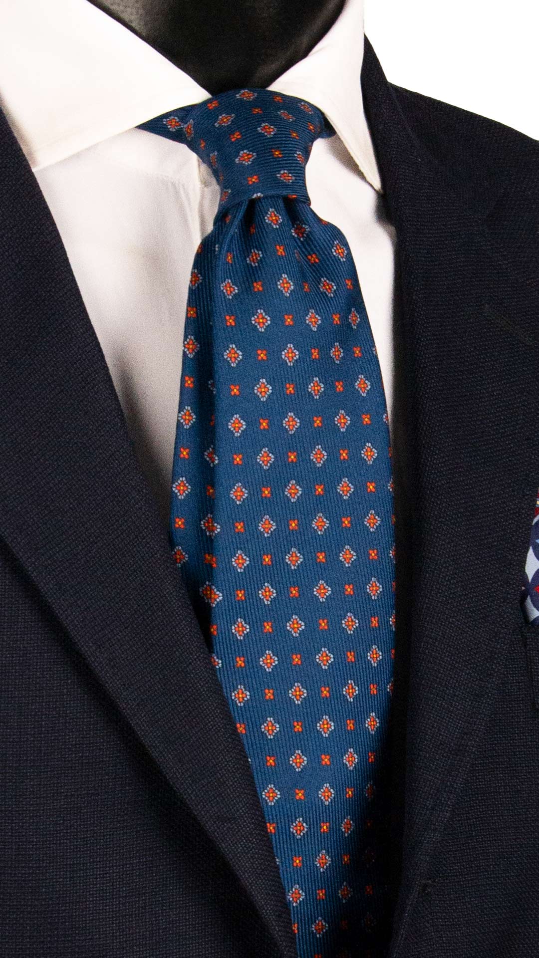 Cravatta in Saia di Seta Blu Navy Fantasia Arancione Azzurro SA121 Made in Italy Graffeo Cravatte