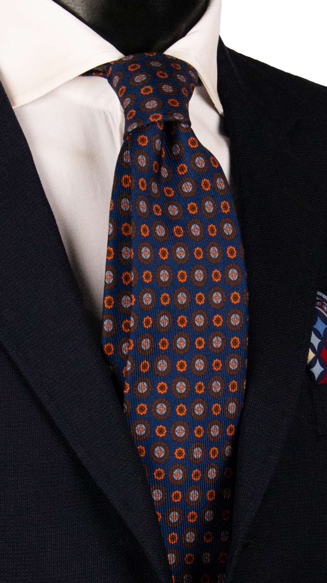 Cravatta in Saia di Seta Blu Navy Fantasia Arancione Marrone Celeste SA79 Made in Italy Graffeo Cravatte