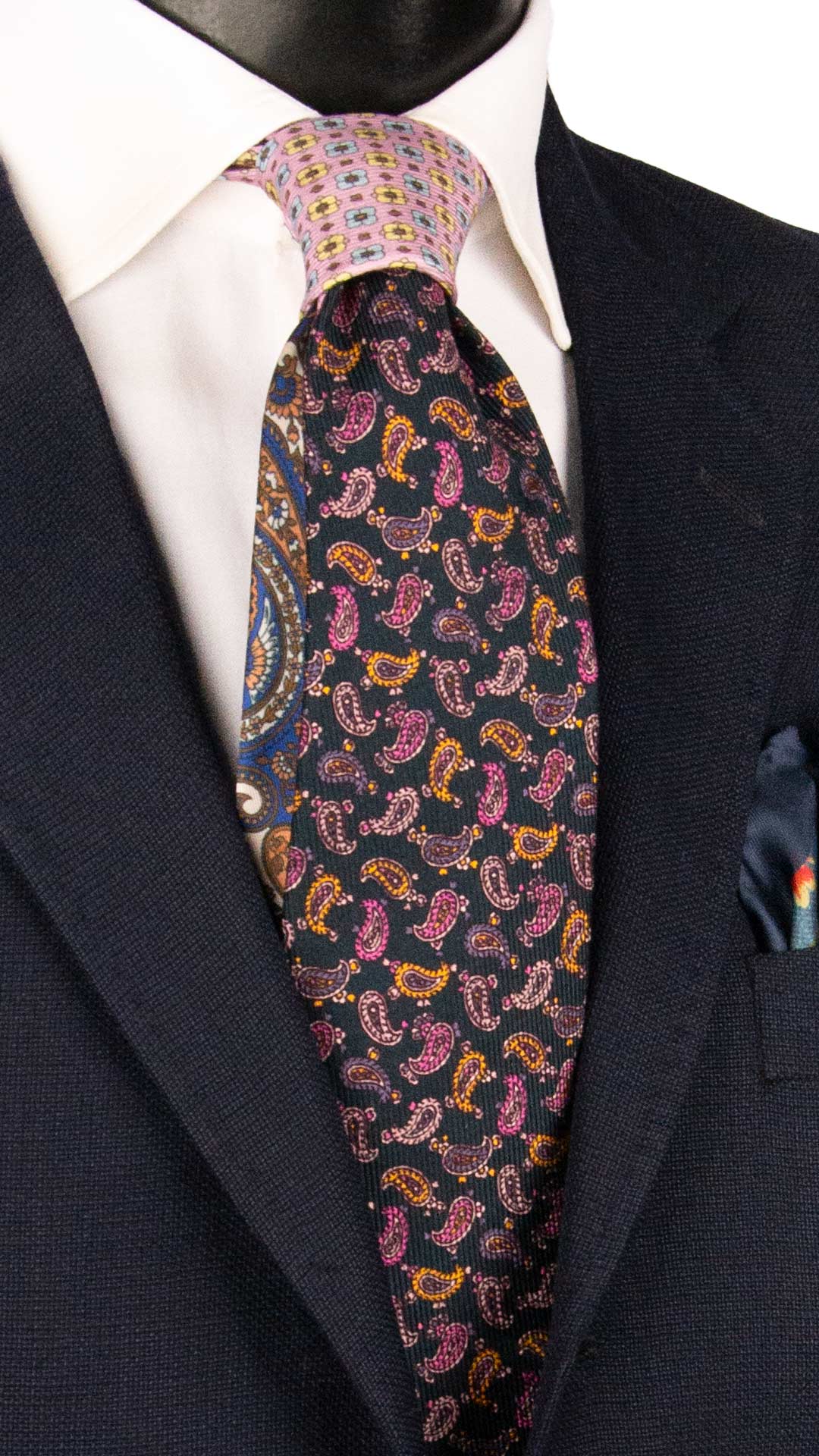 Cravatta in Saia di Seta Blu Paisley Multicolor Nodo in Contrasto Rosa Fantasia Celeste Giallo Marrone N3496 Made in Italy Graffeo Cravatte