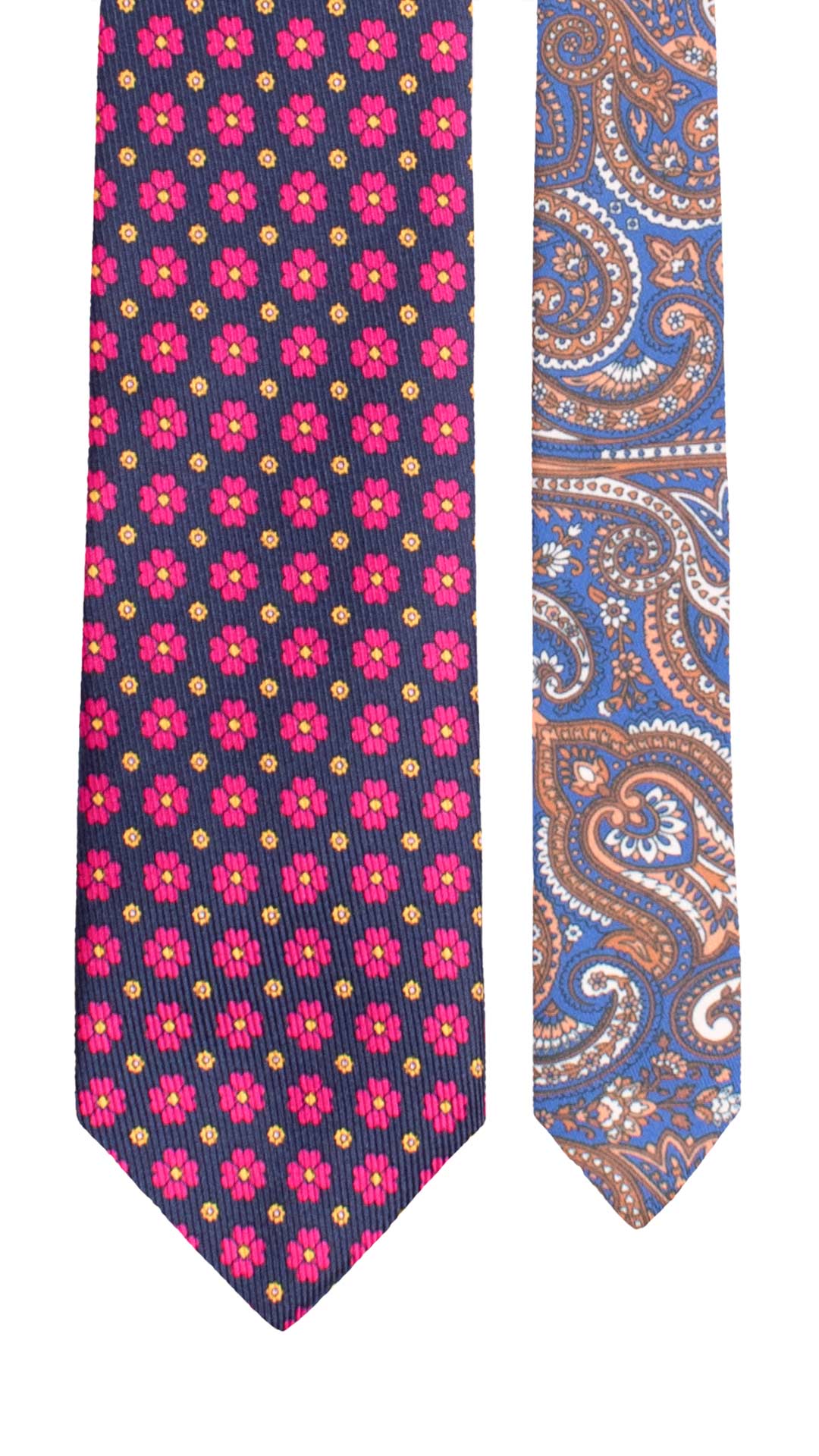 Cravatta in Saia di Seta Blu a Fiori Fucsia Gialli Nodo in Contrasto Giallo Fantasia Multicolor N3479 Made in Italy Graffeo Cravatte Pala