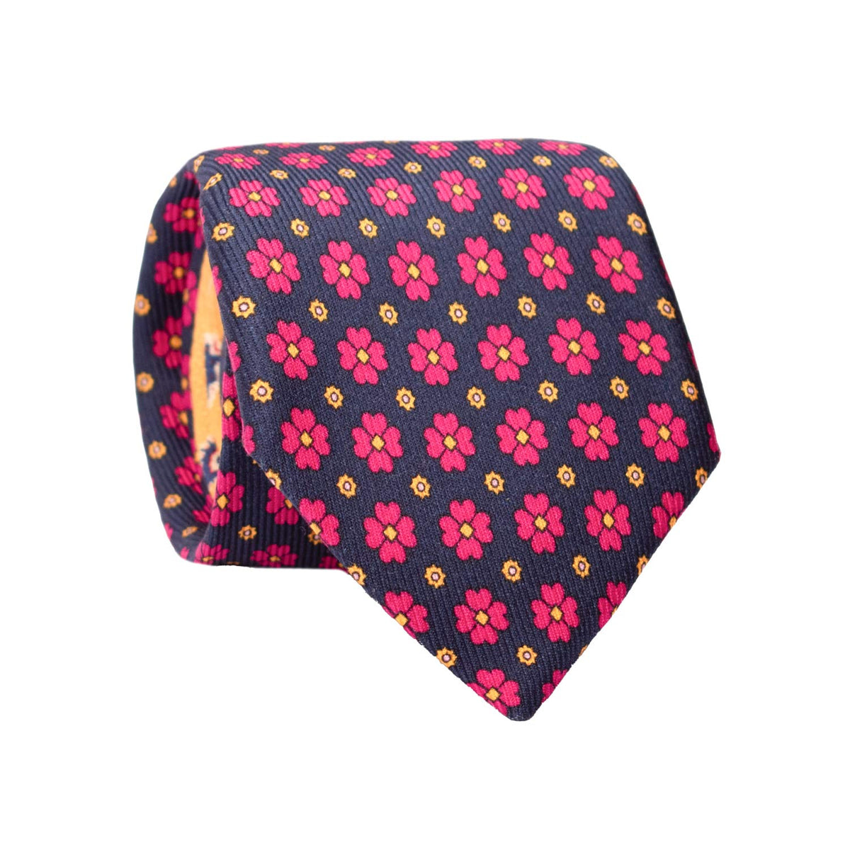 Cravatta in Saia di Seta Blu a Fiori Fucsia Gialli Nodo in Contrasto Giallo Fantasia Multicolor N3479 Made in Italy Graffeo Cravatte Rotolo