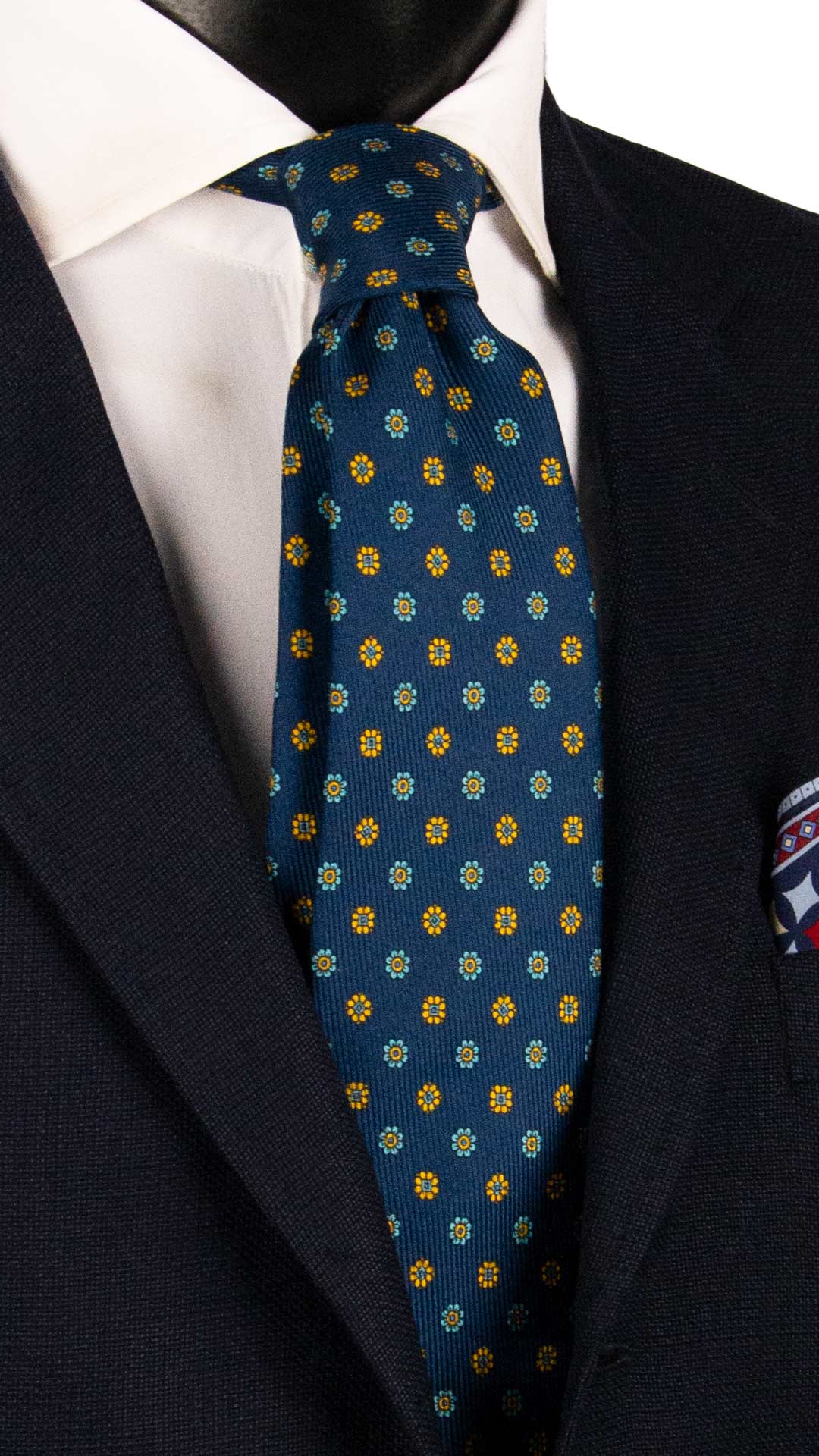 Cravatta in Saia di Seta Blu a Fiori Gialli Verdi Acqua SA66 Made in Italy Graffeo Cravatte