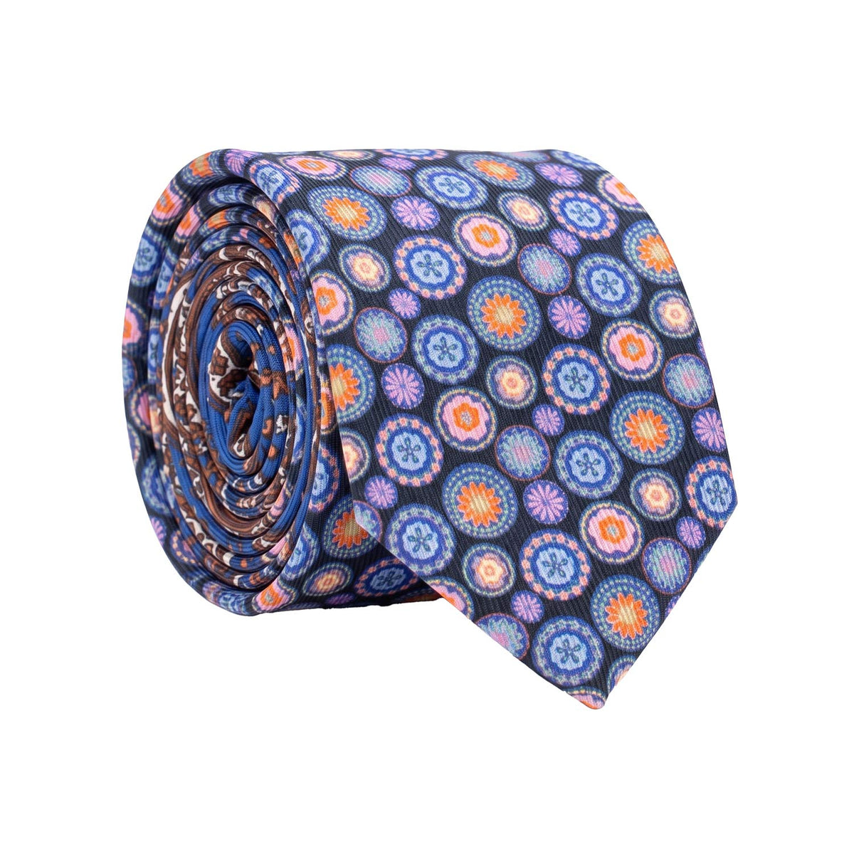 Cravatta in Saia di Seta Blu a Fiori Multicolor Nodo in Contrasto Arancione Fantasia Blu Celeste Arancione N3491 Rotolo