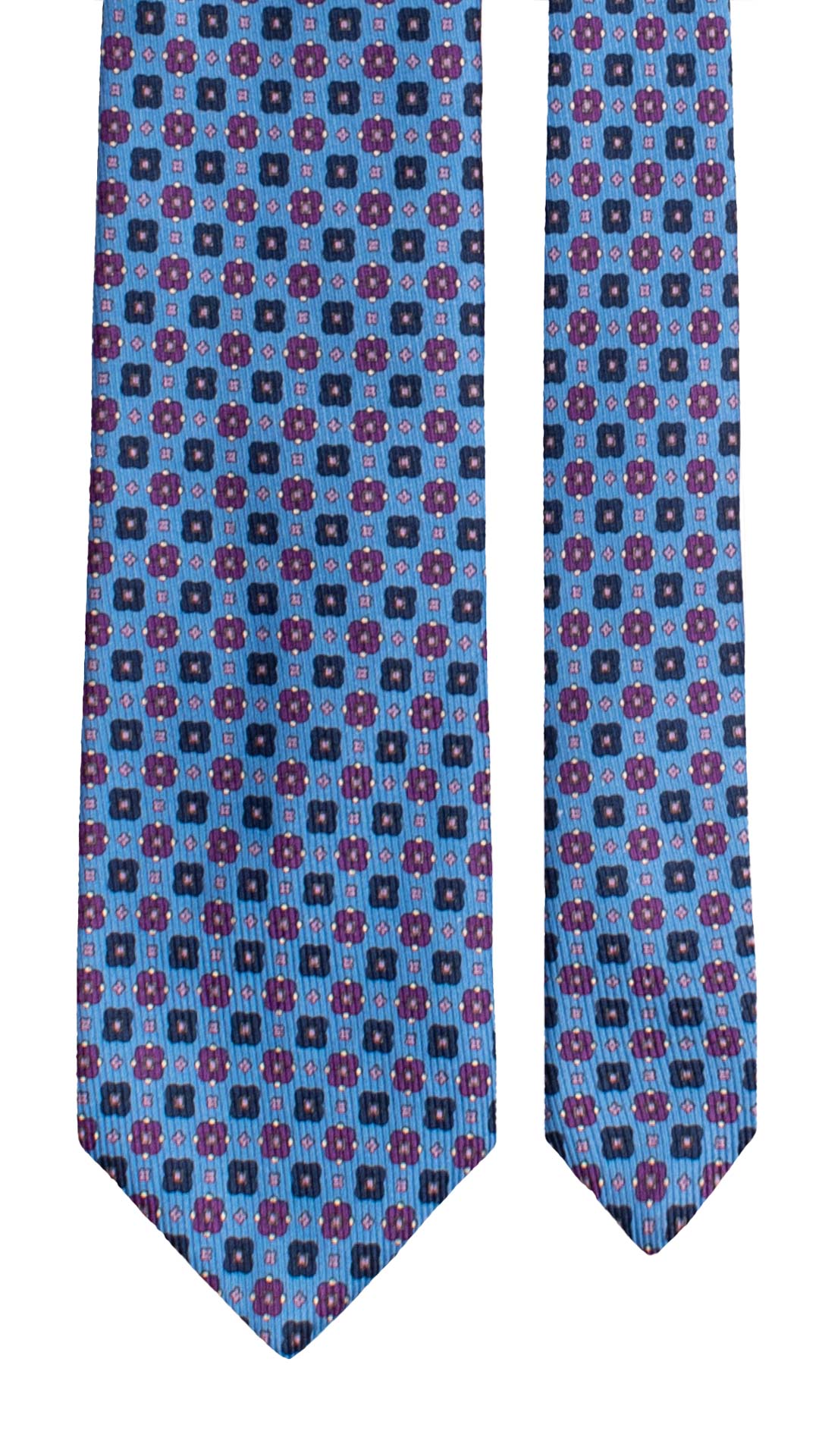 Cravatta in Saia di Seta Bluette Fantasia Viola Blu Bianco Panna SA91 Made in Italy Graffeo Cravatte Pala