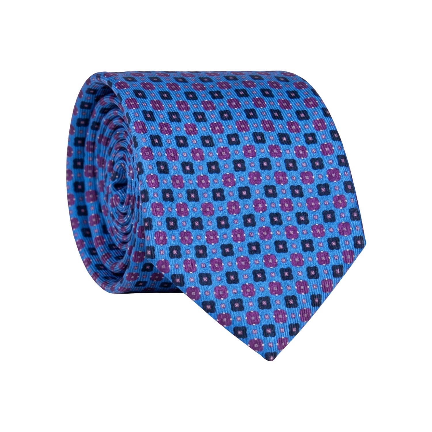 Cravatta in Saia di Seta Bluette Fantasia Viola Blu Bianco Panna SA91 Made in Italy Graffeo Cravatte Rotolo