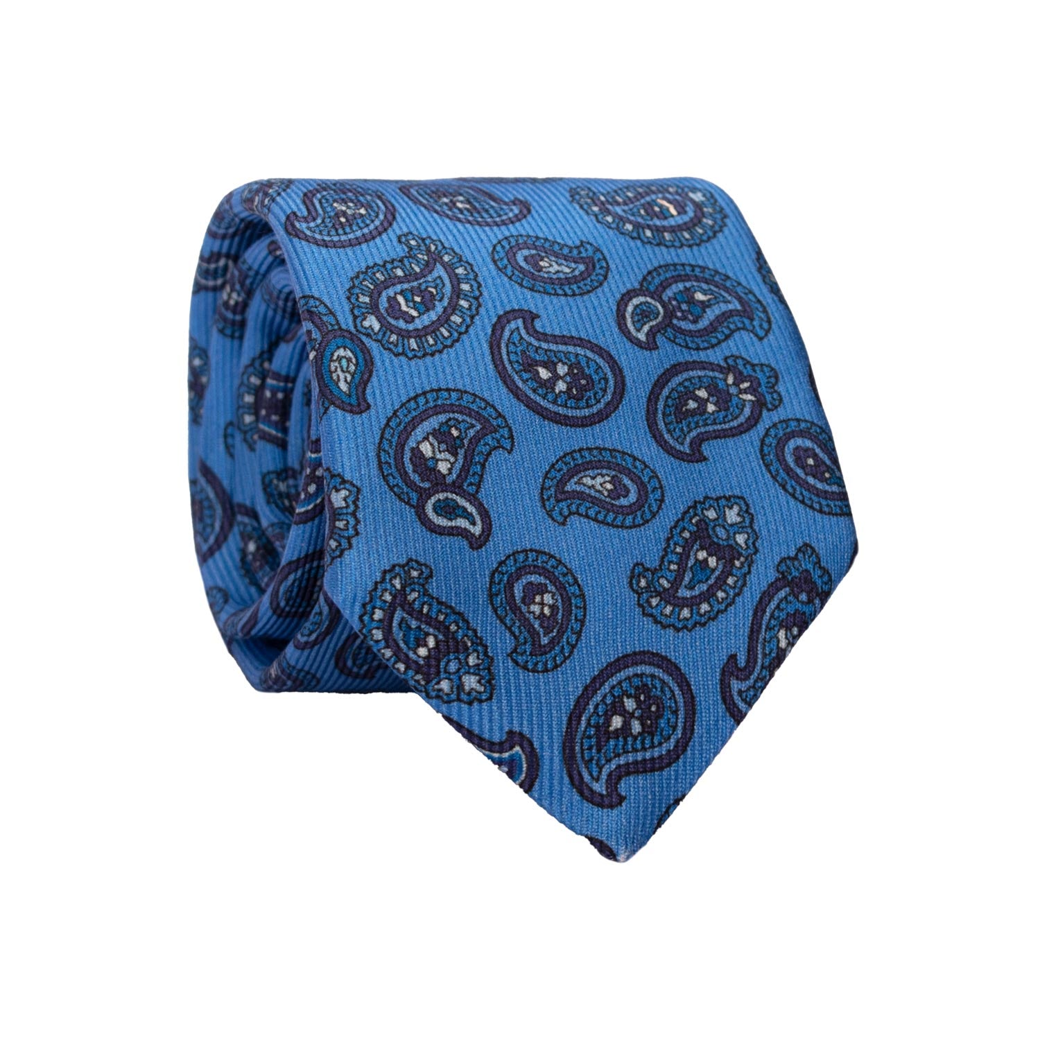 Cravatta in Saia di Seta Bluette Paisley Tono su Tono Blu Bianco SA6 Made in Italy Graffeo Cravatte Rotolo