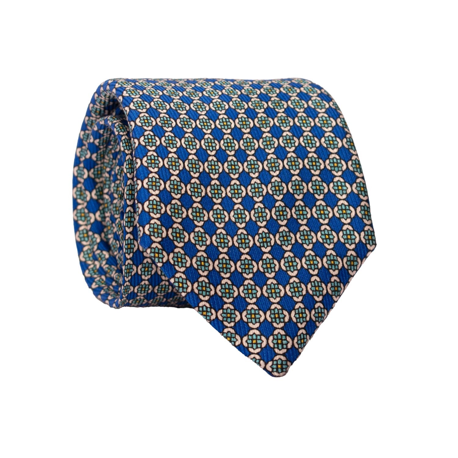 Cravatta in Saia di Seta Bluette a Fiori Bianco Turchese Giallo SA4 Made in Italy Graffeo Cravatte Rotolo