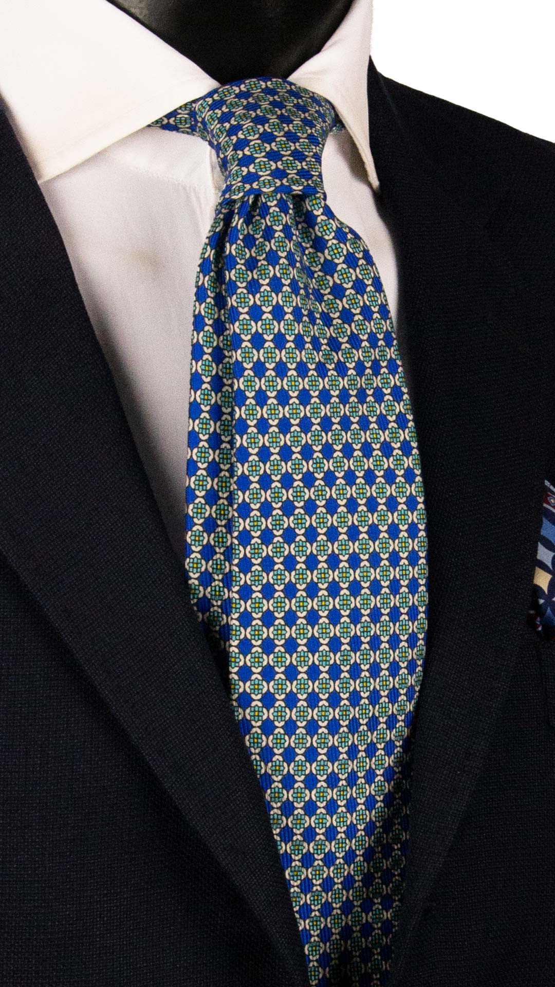 Cravatta in Saia di Seta Bluette a Fiori Bianco Turchese Giallo SA4 Made in Italy Graffeo Cravatte